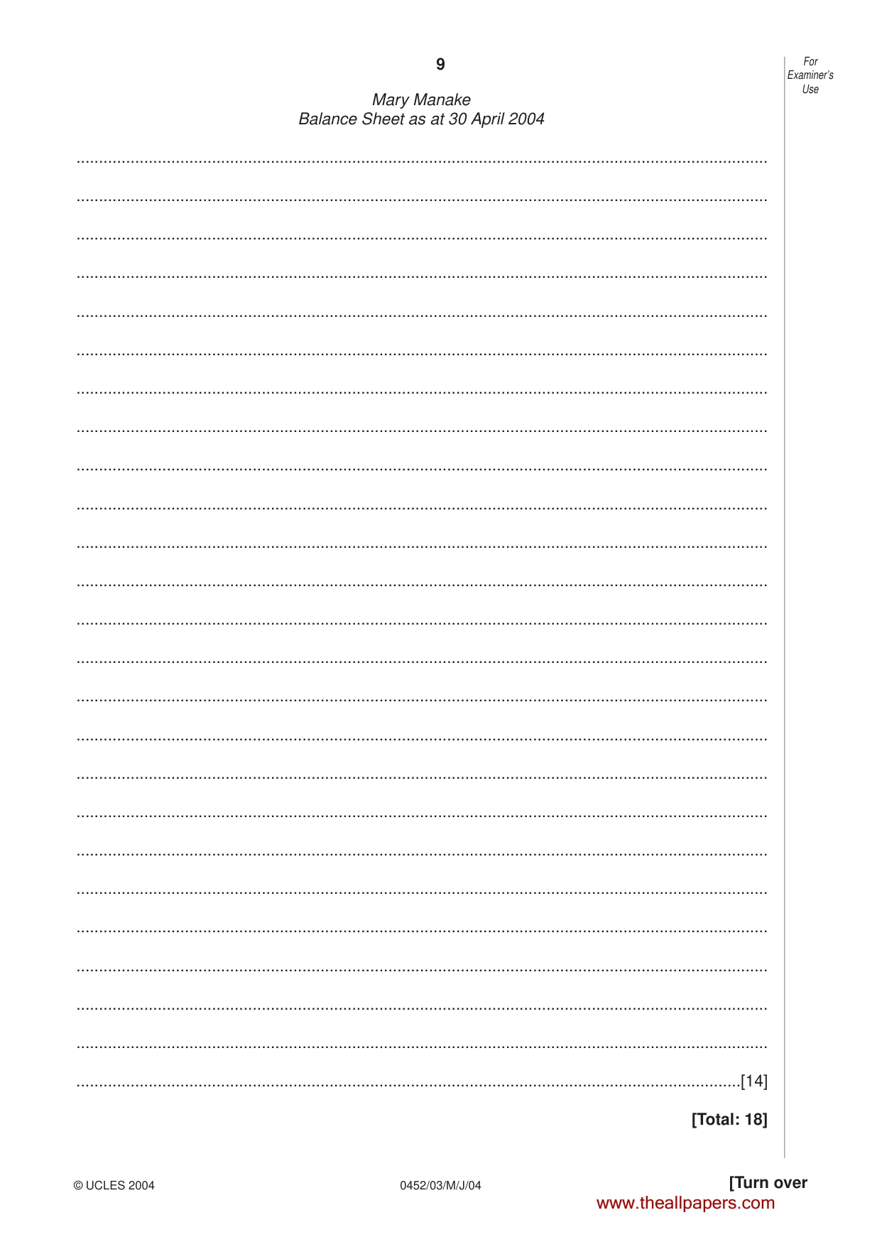 Cambridge IGCSE Accounting 0452 2004 May/June Paper 3 · Variant 1 question paper, page 9 of 16