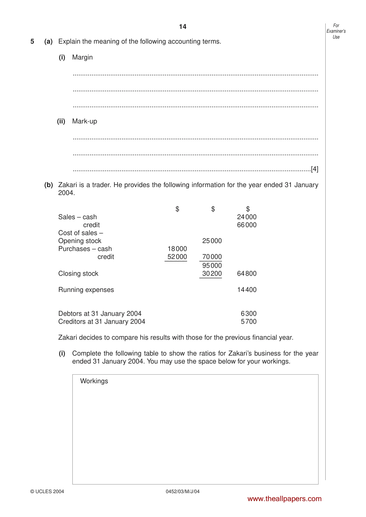 Cambridge IGCSE Accounting 0452 2004 May/June Paper 3 · Variant 1 question paper, page 14 of 16