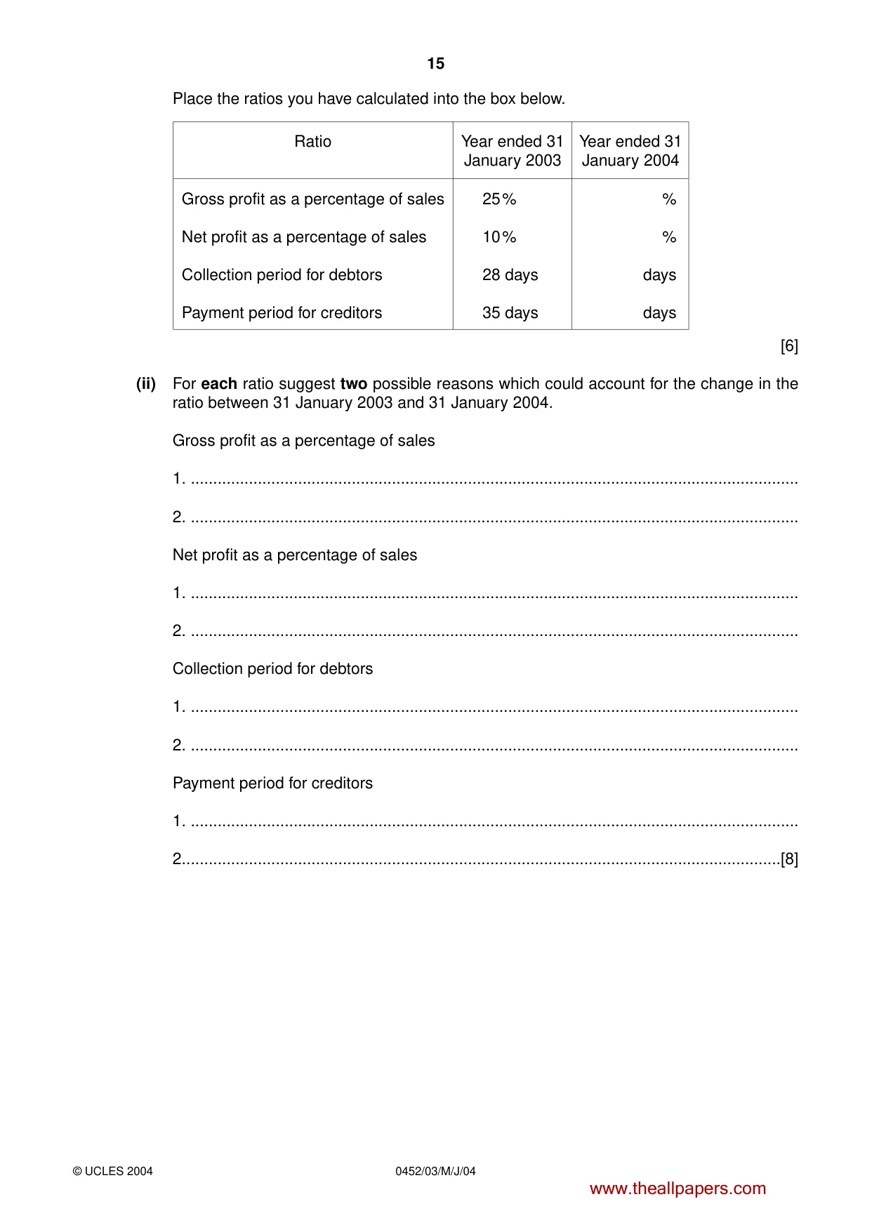 Cambridge IGCSE Accounting 0452 2004 May/June Paper 3 · Variant 1 question paper, page 15 of 16