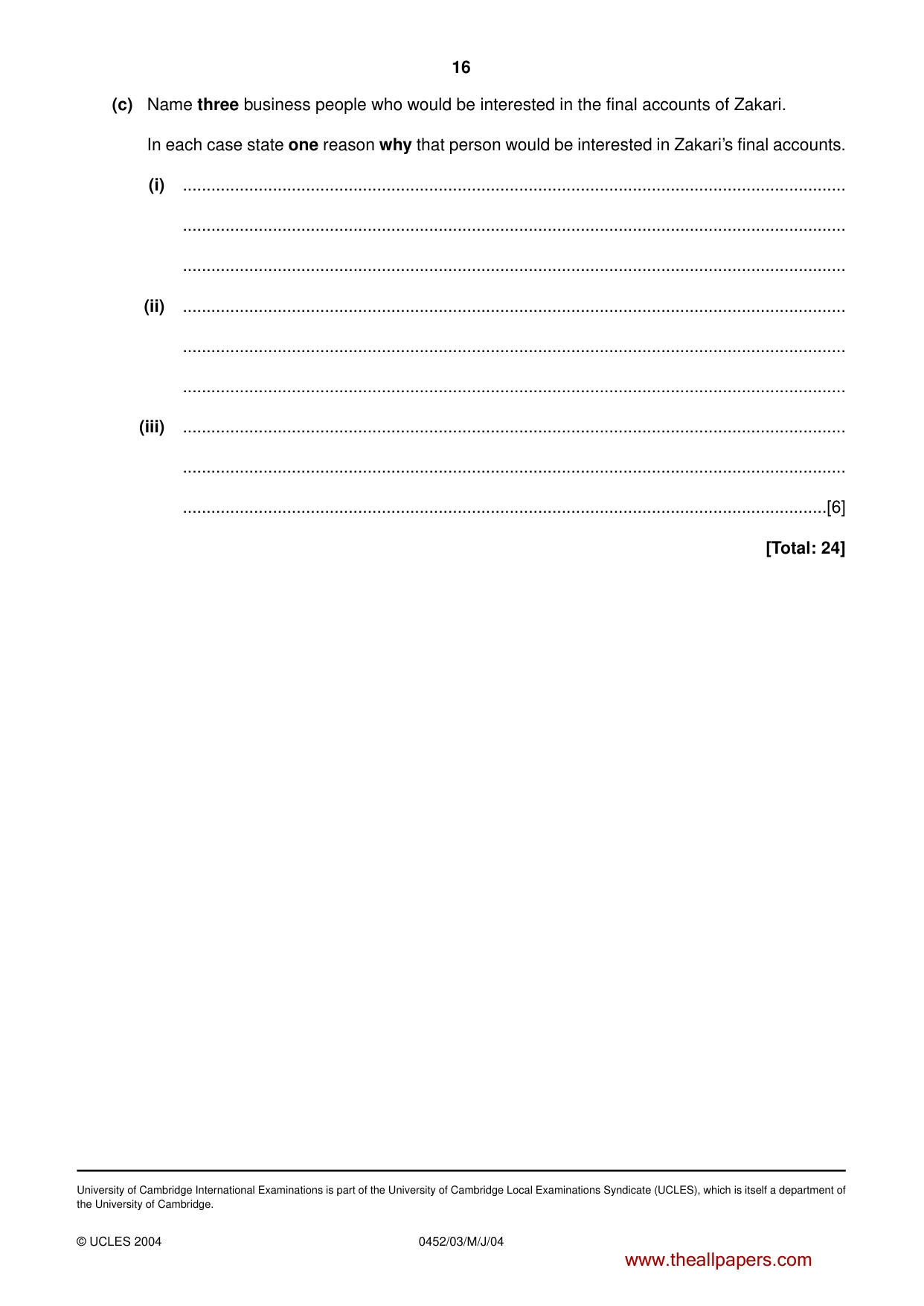 Cambridge IGCSE Accounting 0452 2004 May/June Paper 3 · Variant 1 question paper, page 16 of 16