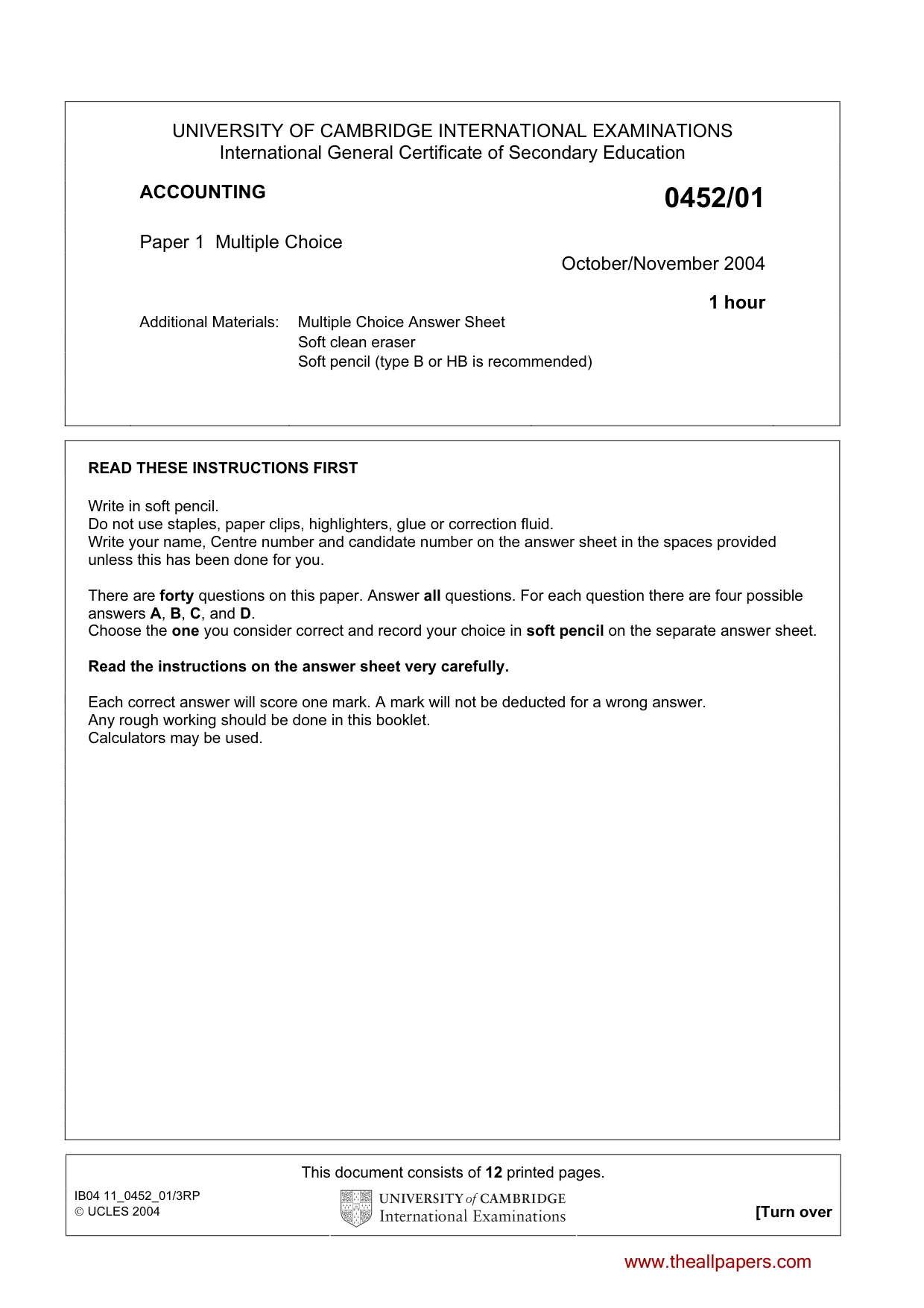 Cambridge IGCSE Accounting 0452 2004 Oct/Nov Paper 1 · Variant 1 question paper, page 1 of 12