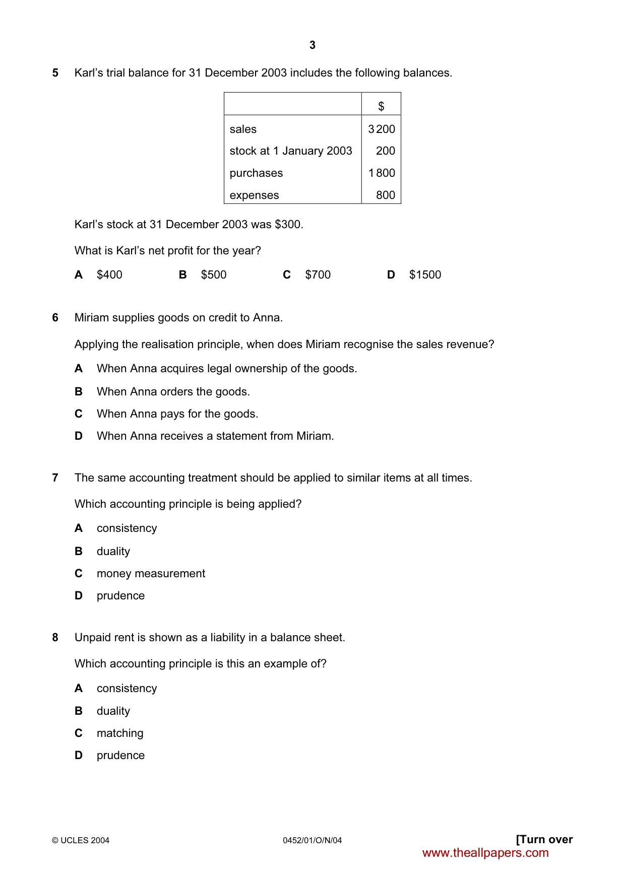 Cambridge IGCSE Accounting 0452 2004 Oct/Nov Paper 1 · Variant 1 question paper, page 3 of 12