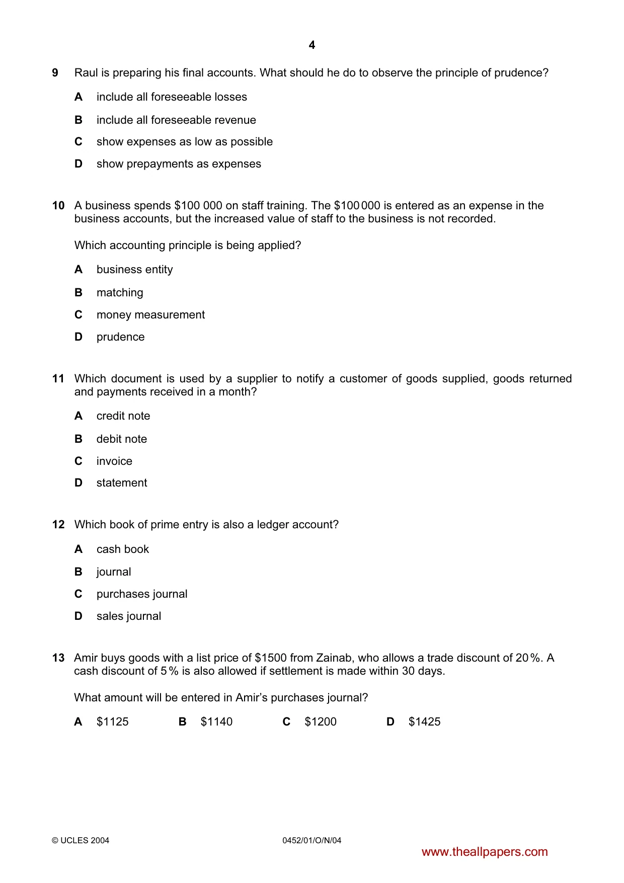 Cambridge IGCSE Accounting 0452 2004 Oct/Nov Paper 1 · Variant 1 question paper, page 4 of 12