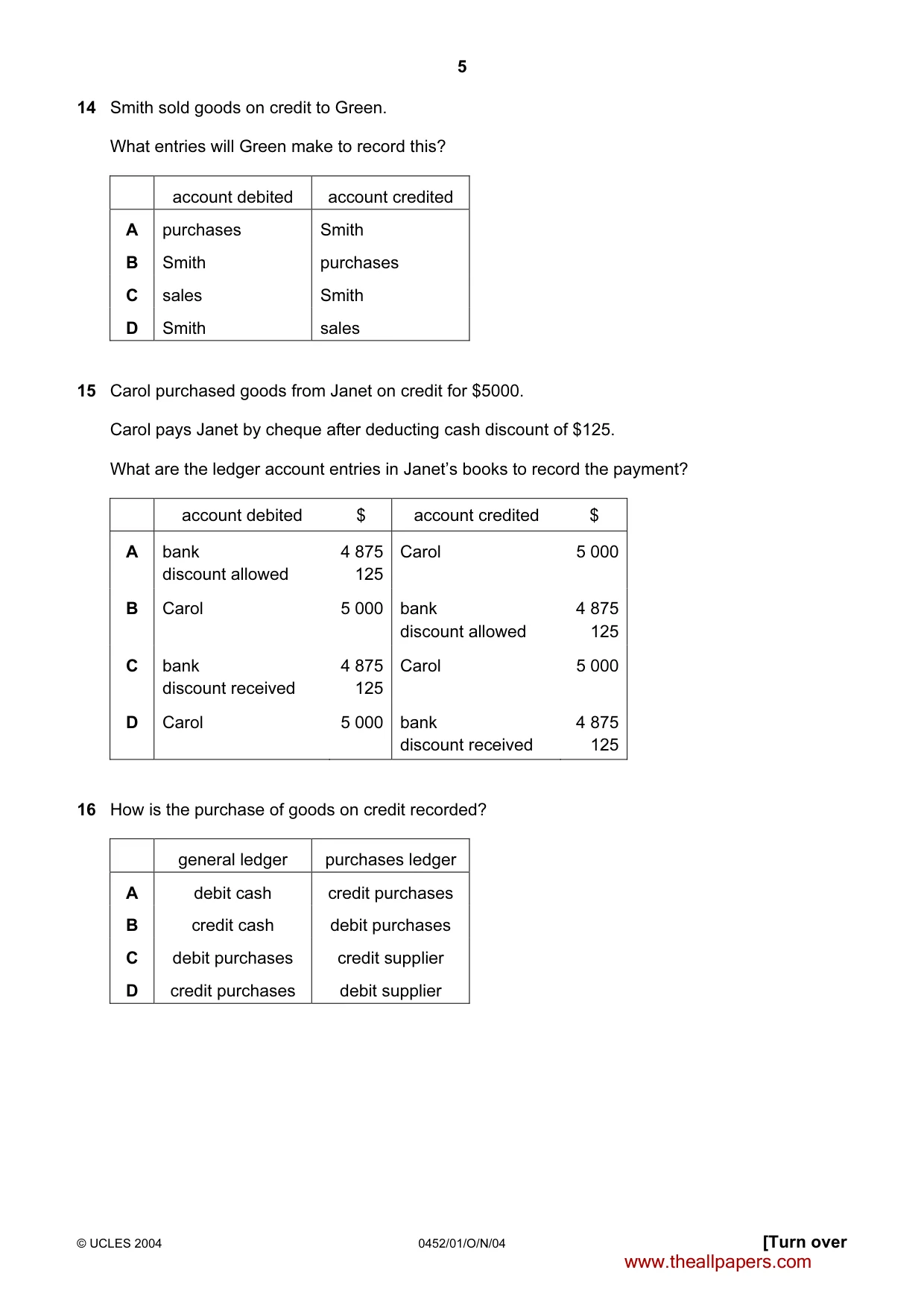 Cambridge IGCSE Accounting 0452 2004 Oct/Nov Paper 1 · Variant 1 question paper, page 5 of 12