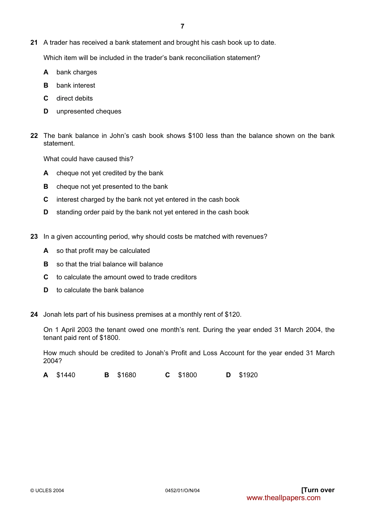 Cambridge IGCSE Accounting 0452 2004 Oct/Nov Paper 1 · Variant 1 question paper, page 7 of 12