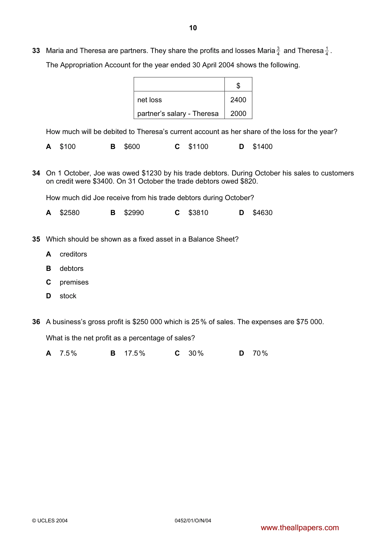 Cambridge IGCSE Accounting 0452 2004 Oct/Nov Paper 1 · Variant 1 question paper, page 10 of 12