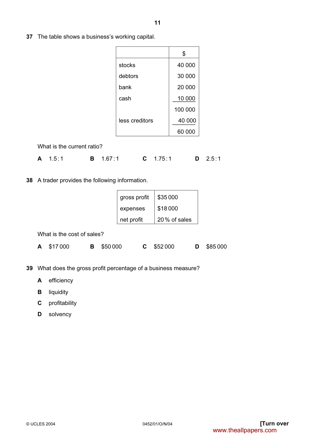 Cambridge IGCSE Accounting 0452 2004 Oct/Nov Paper 1 · Variant 1 question paper, page 11 of 12