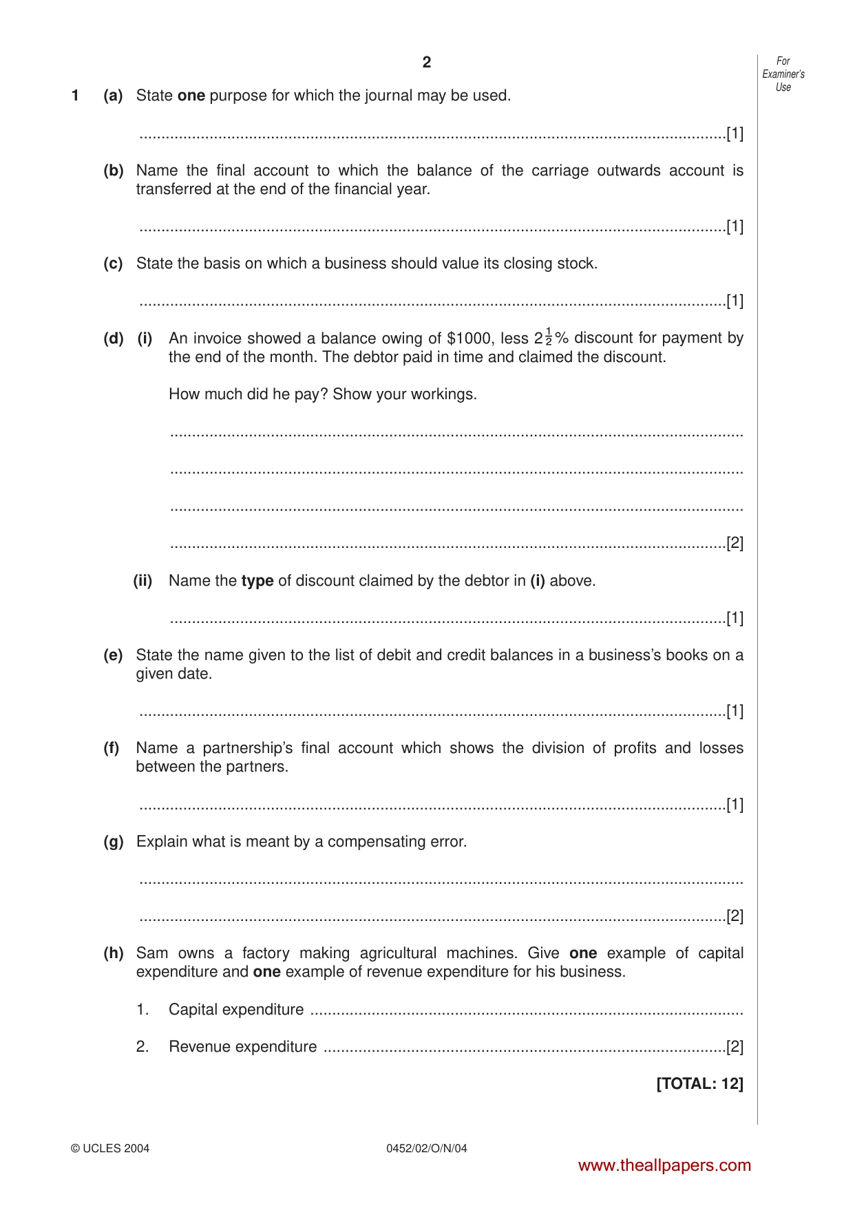 Cambridge IGCSE Accounting 0452 2004 Oct/Nov Paper 2 · Variant 1 question paper, page 2 of 12