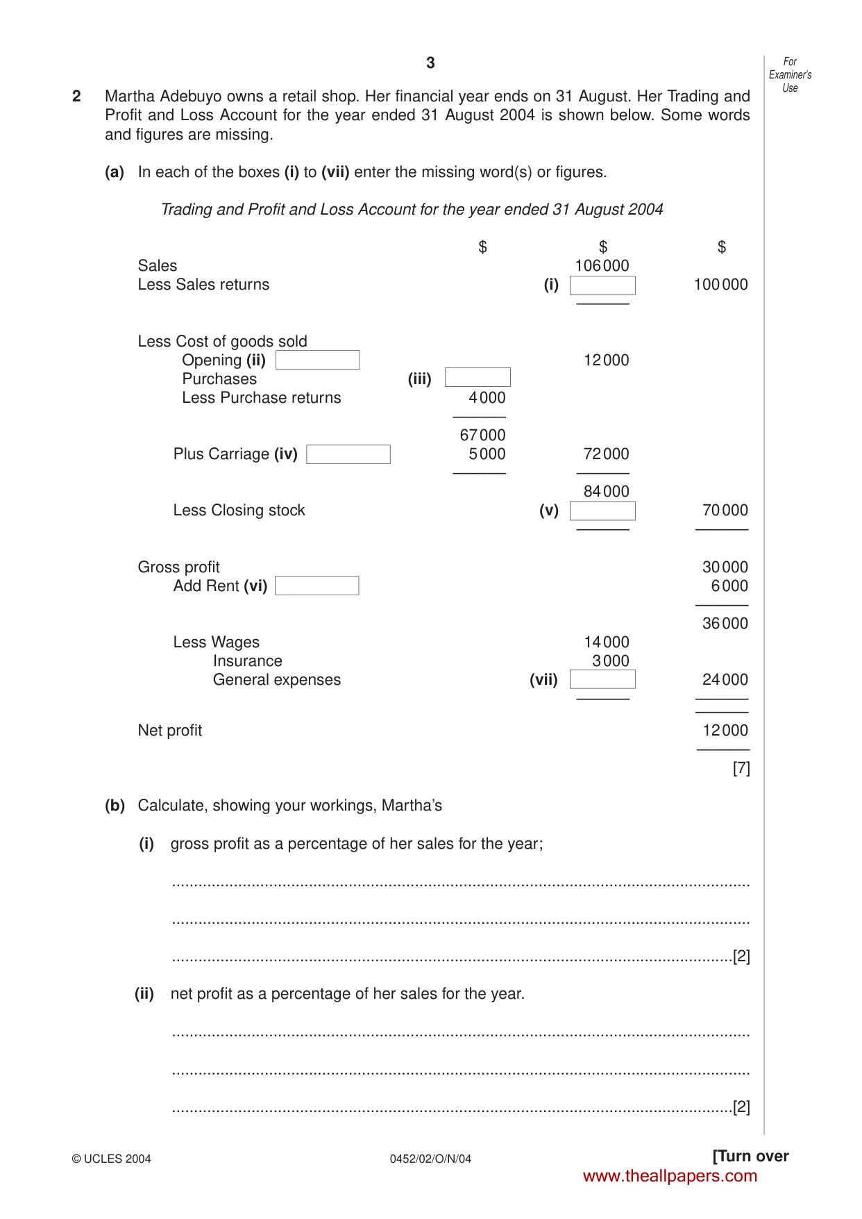 Cambridge IGCSE Accounting 0452 2004 Oct/Nov Paper 2 · Variant 1 question paper, page 3 of 12