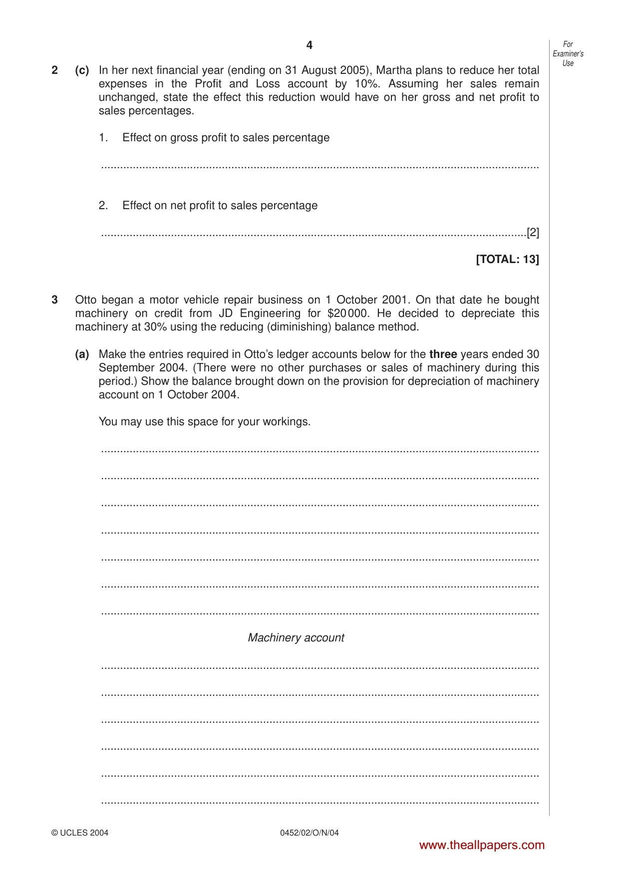 Cambridge IGCSE Accounting 0452 2004 Oct/Nov Paper 2 · Variant 1 question paper, page 4 of 12