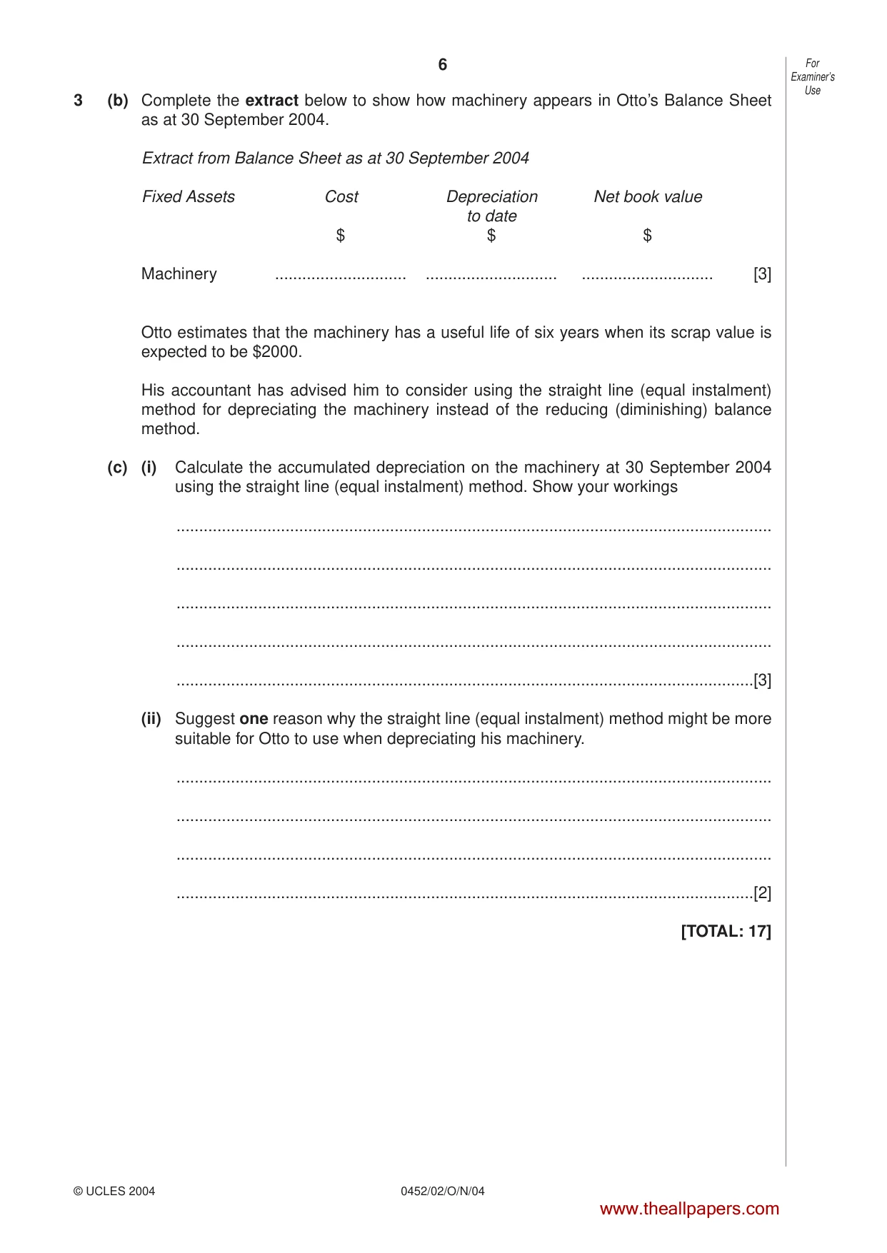 Cambridge IGCSE Accounting 0452 2004 Oct/Nov Paper 2 · Variant 1 question paper, page 6 of 12
