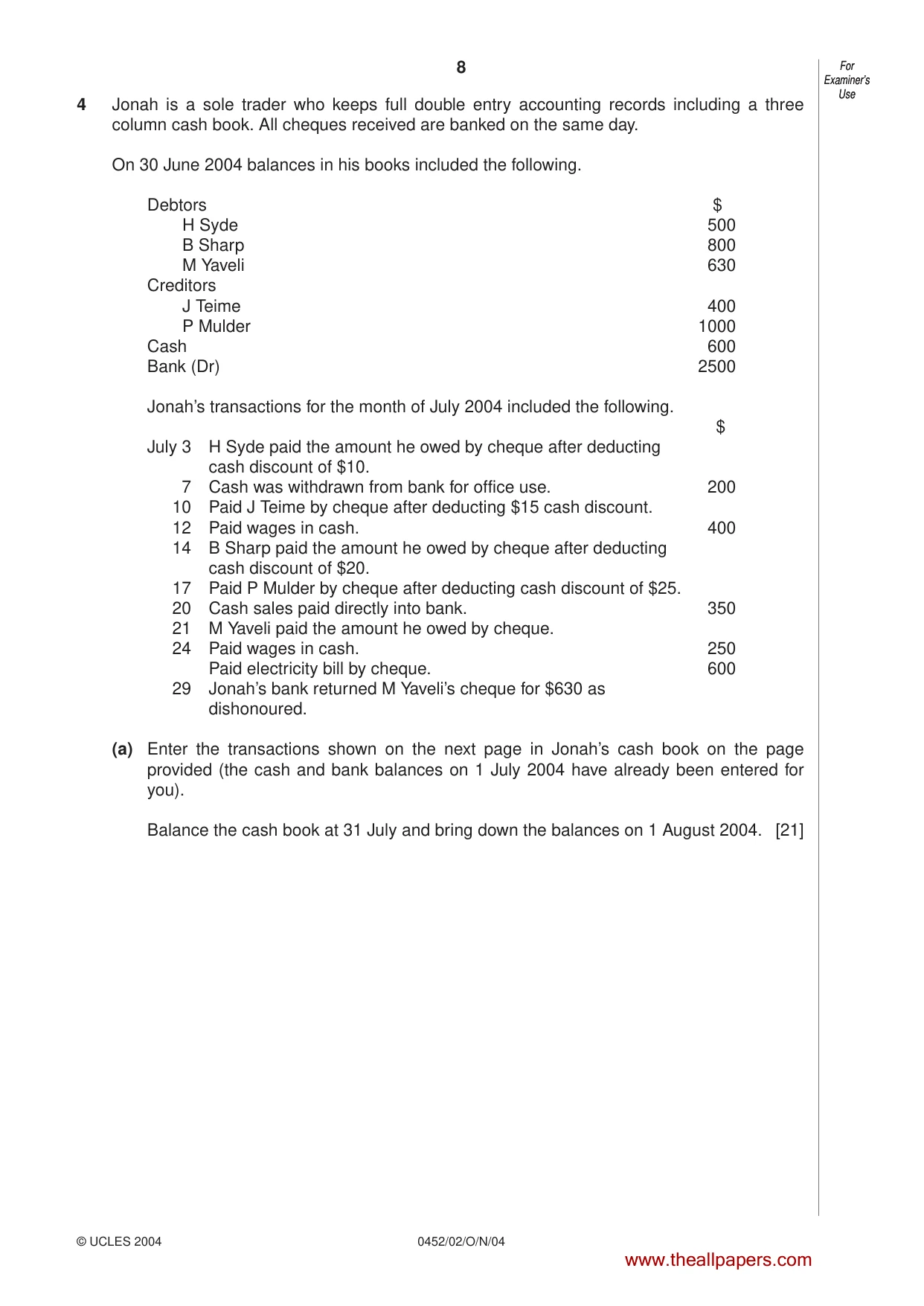 Cambridge IGCSE Accounting 0452 2004 Oct/Nov Paper 2 · Variant 1 question paper, page 8 of 12