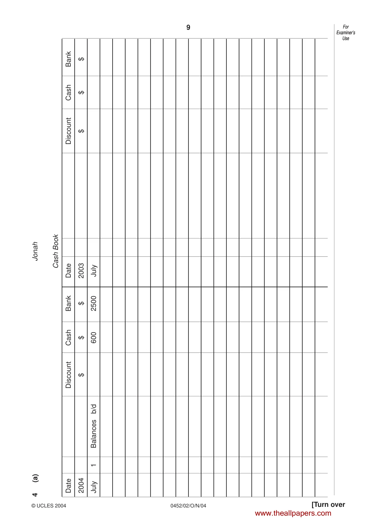Cambridge IGCSE Accounting 0452 2004 Oct/Nov Paper 2 · Variant 1 question paper, page 9 of 12