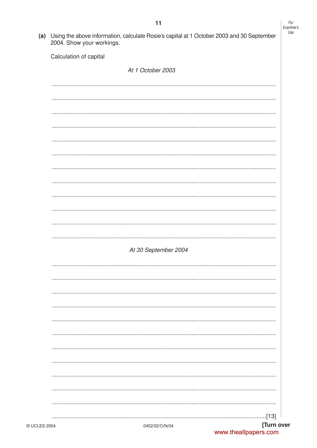 Cambridge IGCSE Accounting 0452 2004 Oct/Nov Paper 2 · Variant 1 question paper, page 11 of 12
