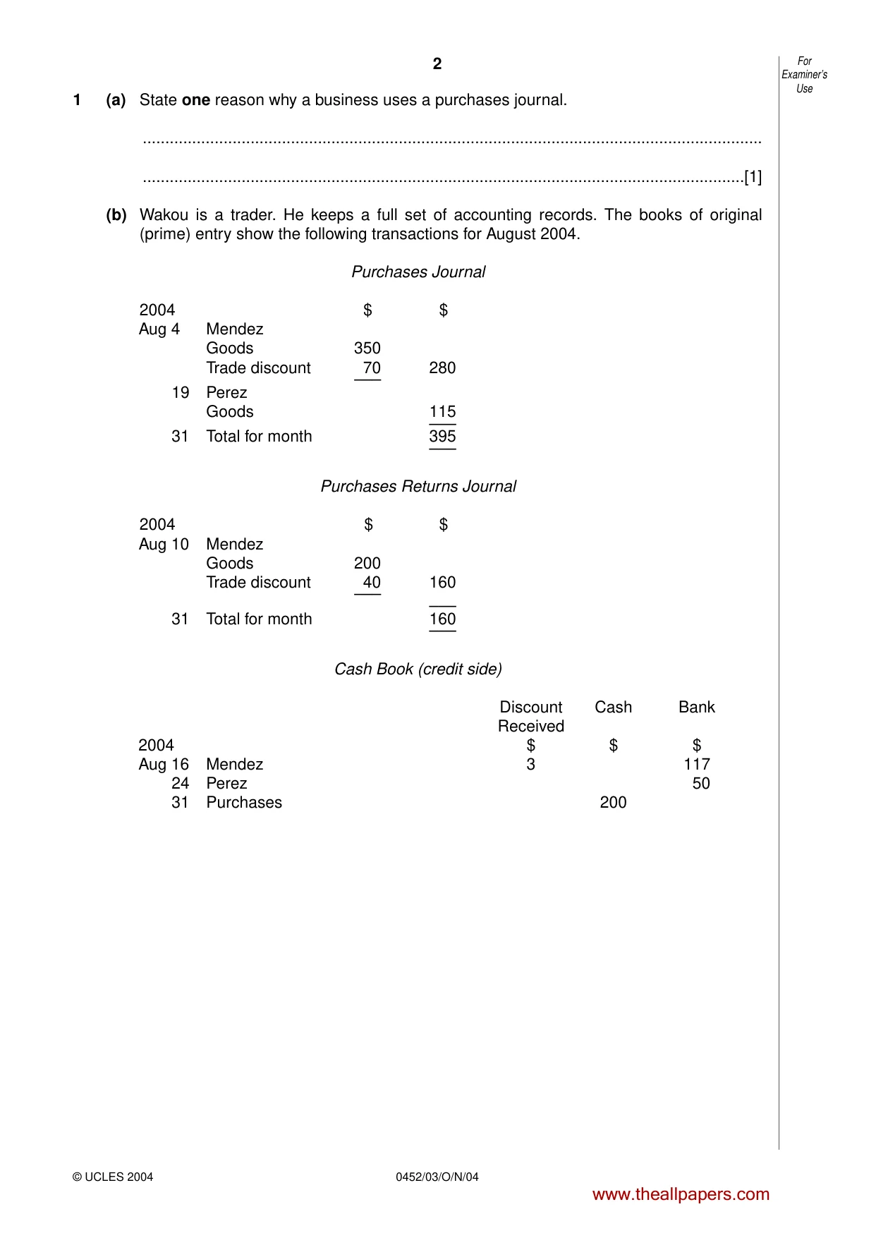 Cambridge IGCSE Accounting 0452 2004 Oct/Nov Paper 3 · Variant 1 question paper, page 2 of 16