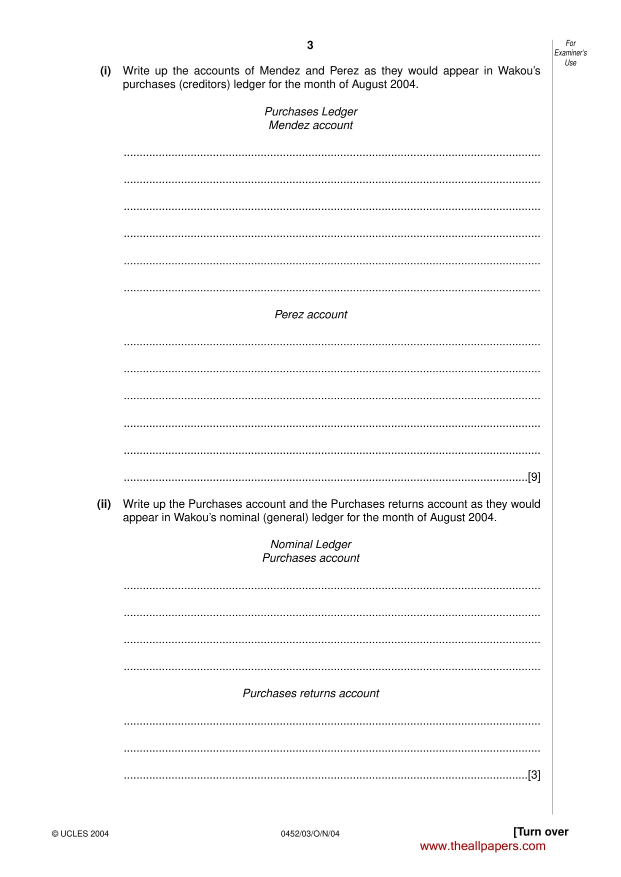 Cambridge IGCSE Accounting 0452 2004 Oct/Nov Paper 3 · Variant 1 question paper, page 3 of 16