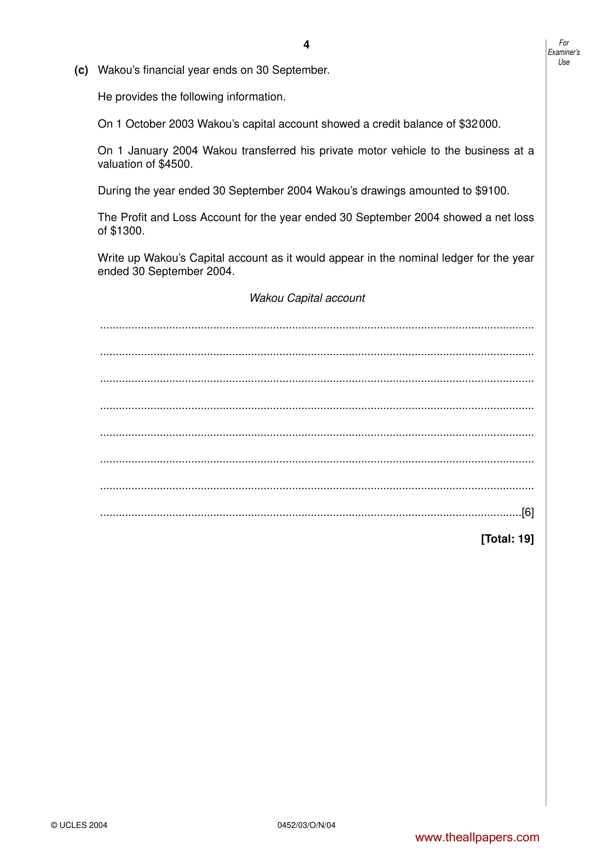 Cambridge IGCSE Accounting 0452 2004 Oct/Nov Paper 3 · Variant 1 question paper, page 4 of 16
