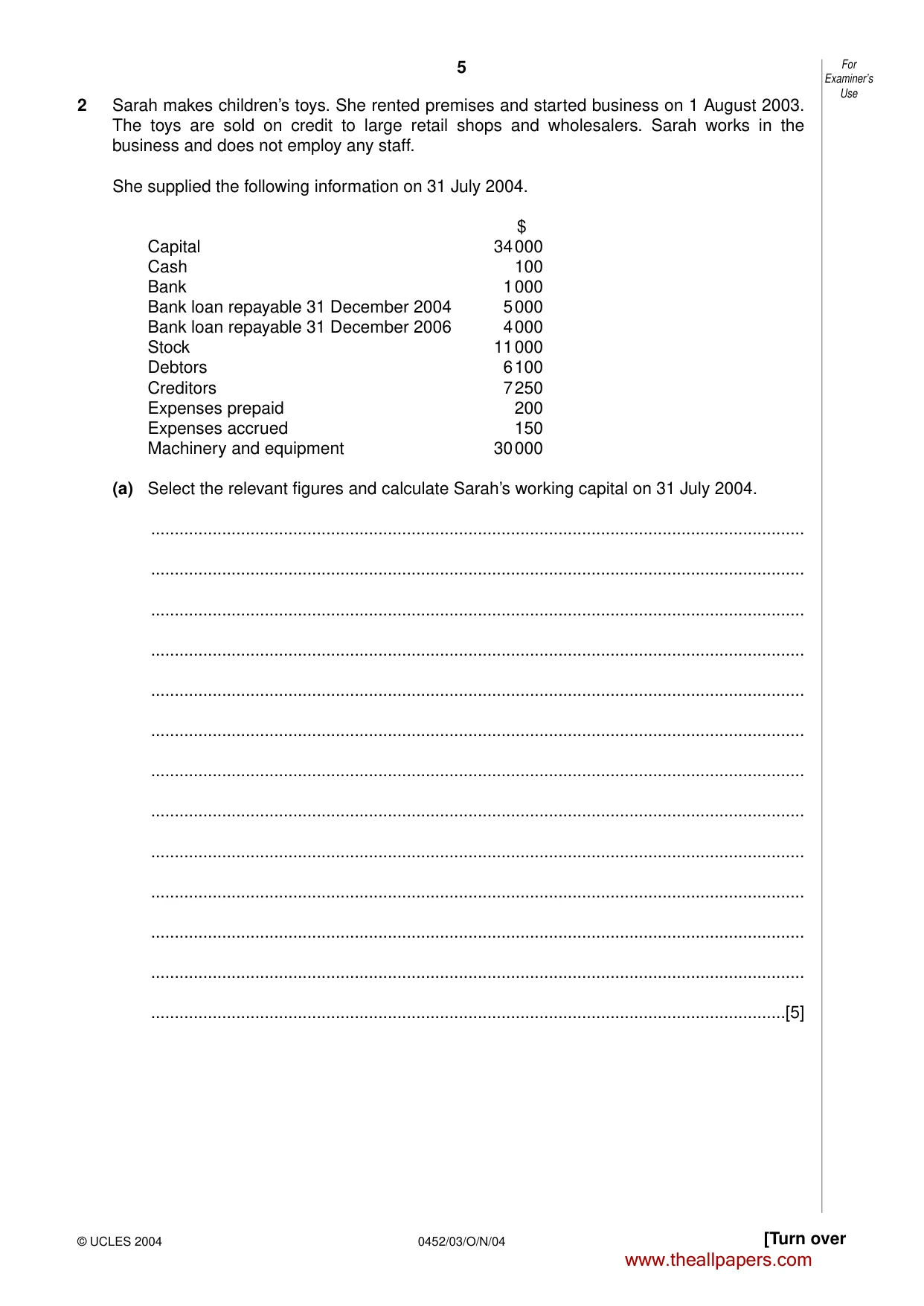 Cambridge IGCSE Accounting 0452 2004 Oct/Nov Paper 3 · Variant 1 question paper, page 5 of 16