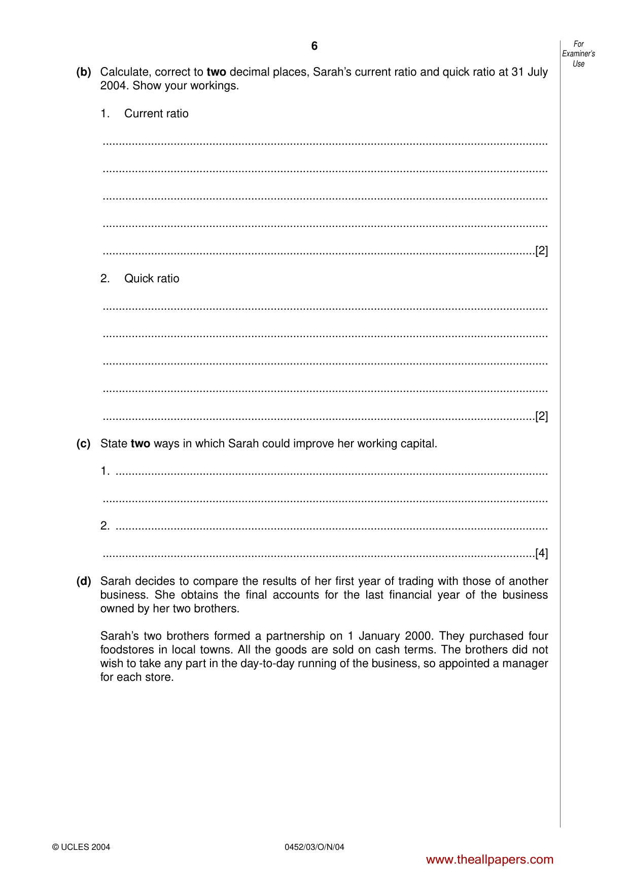 Cambridge IGCSE Accounting 0452 2004 Oct/Nov Paper 3 · Variant 1 question paper, page 6 of 16