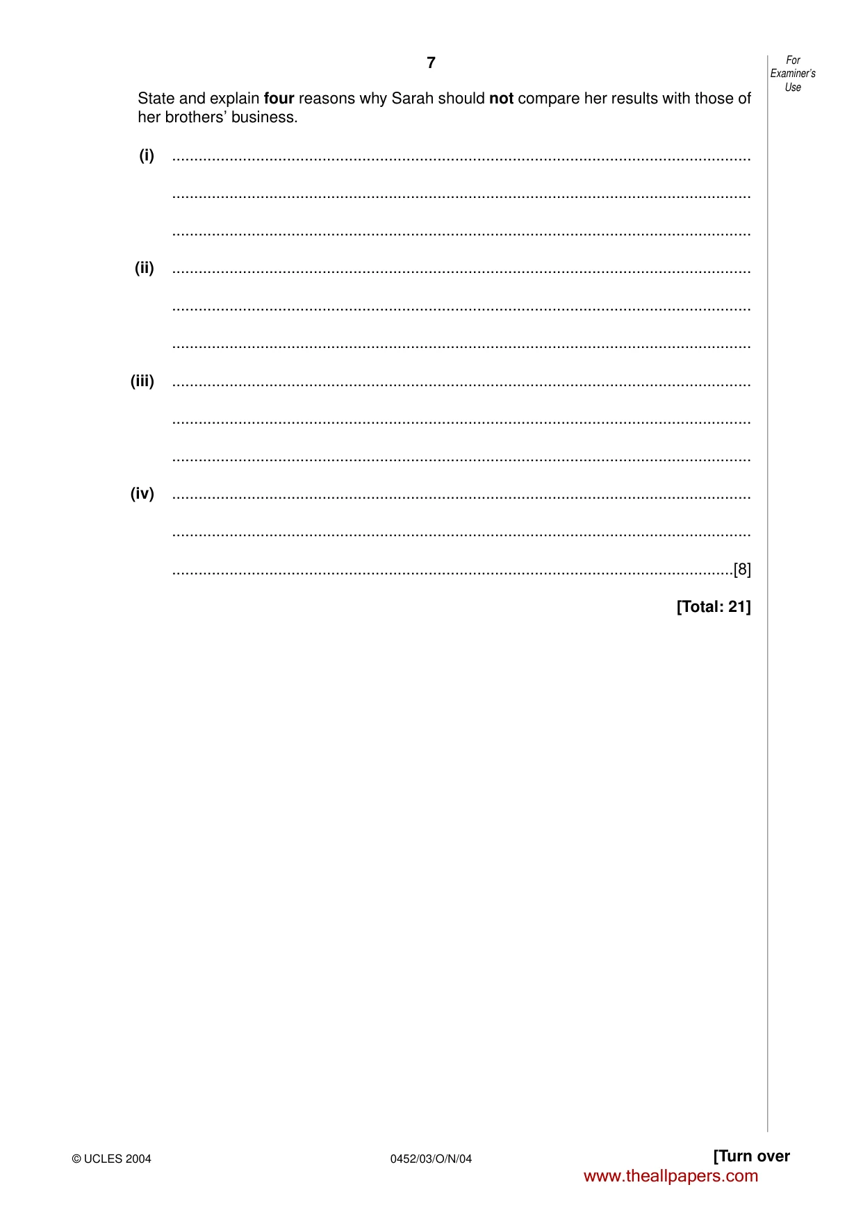 Cambridge IGCSE Accounting 0452 2004 Oct/Nov Paper 3 · Variant 1 question paper, page 7 of 16