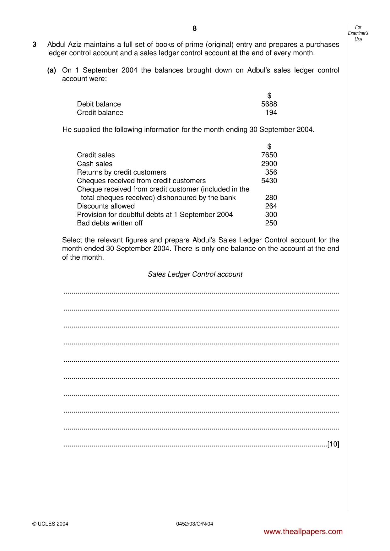 Cambridge IGCSE Accounting 0452 2004 Oct/Nov Paper 3 · Variant 1 question paper, page 8 of 16
