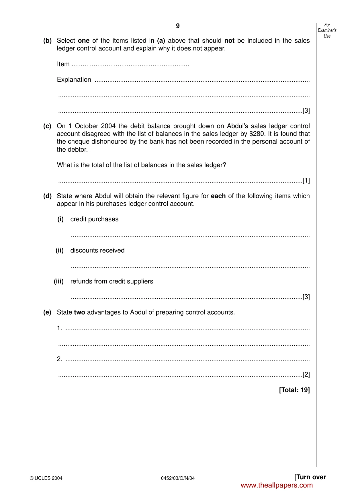 Cambridge IGCSE Accounting 0452 2004 Oct/Nov Paper 3 · Variant 1 question paper, page 9 of 16