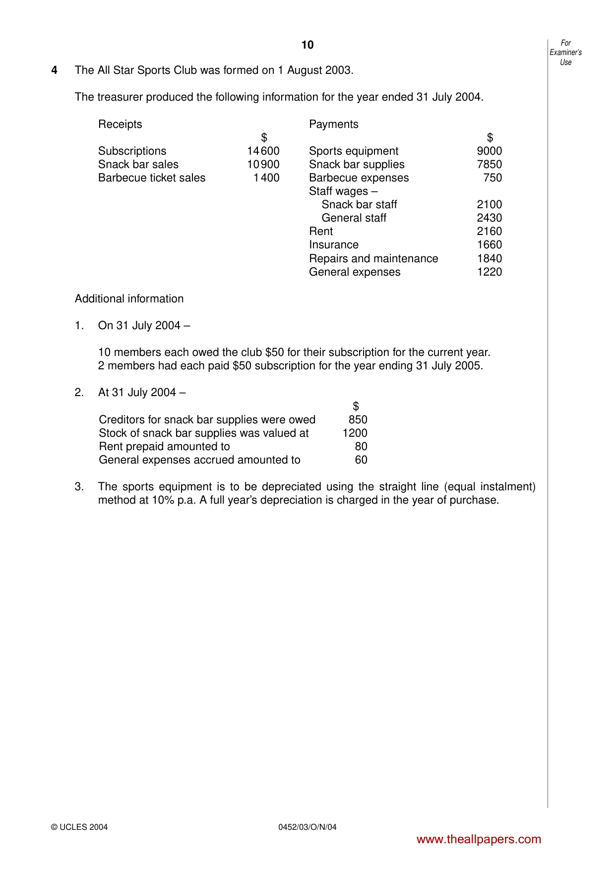 Cambridge IGCSE Accounting 0452 2004 Oct/Nov Paper 3 · Variant 1 question paper, page 10 of 16