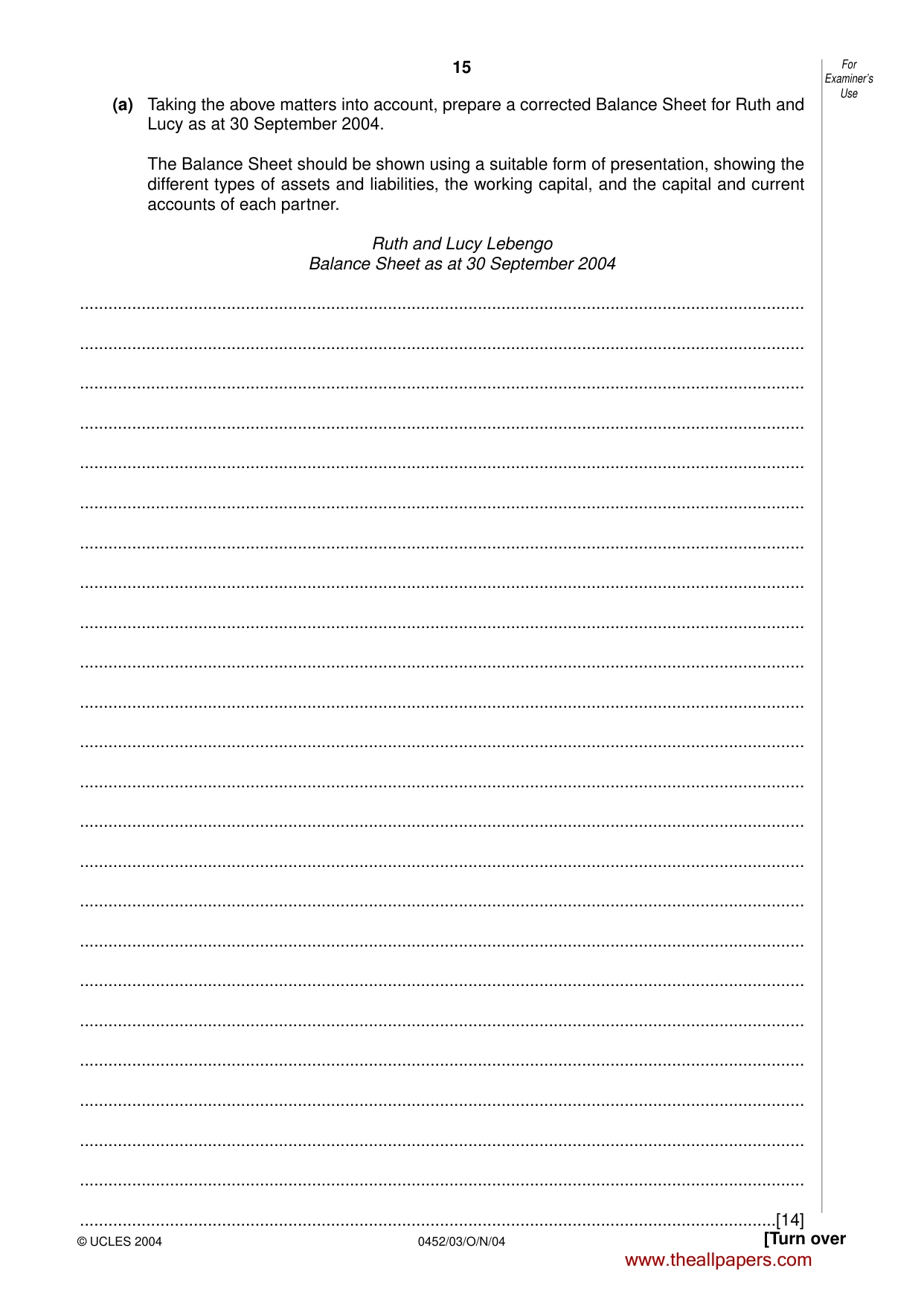 Cambridge IGCSE Accounting 0452 2004 Oct/Nov Paper 3 · Variant 1 question paper, page 15 of 16