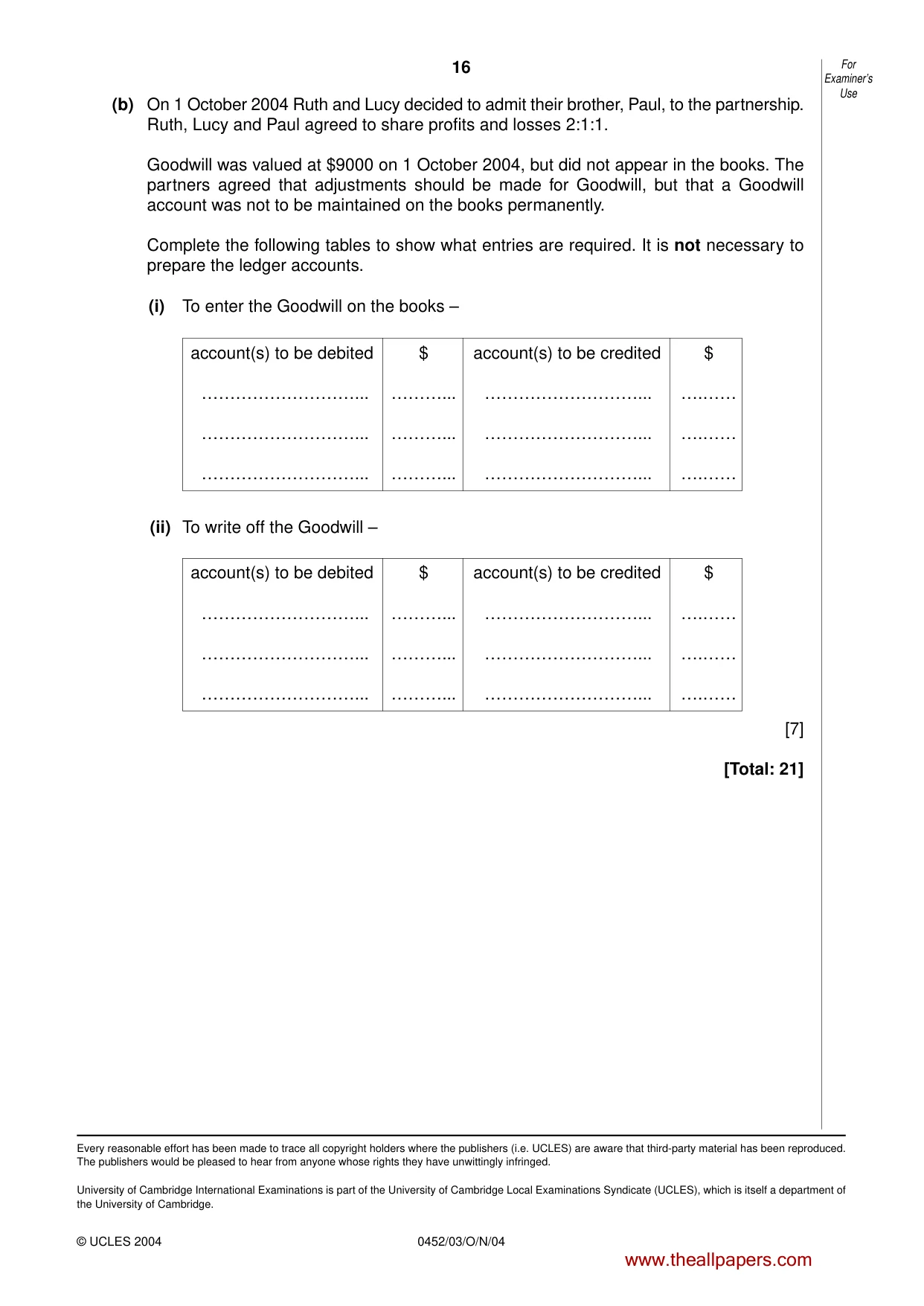 Cambridge IGCSE Accounting 0452 2004 Oct/Nov Paper 3 · Variant 1 question paper, page 16 of 16