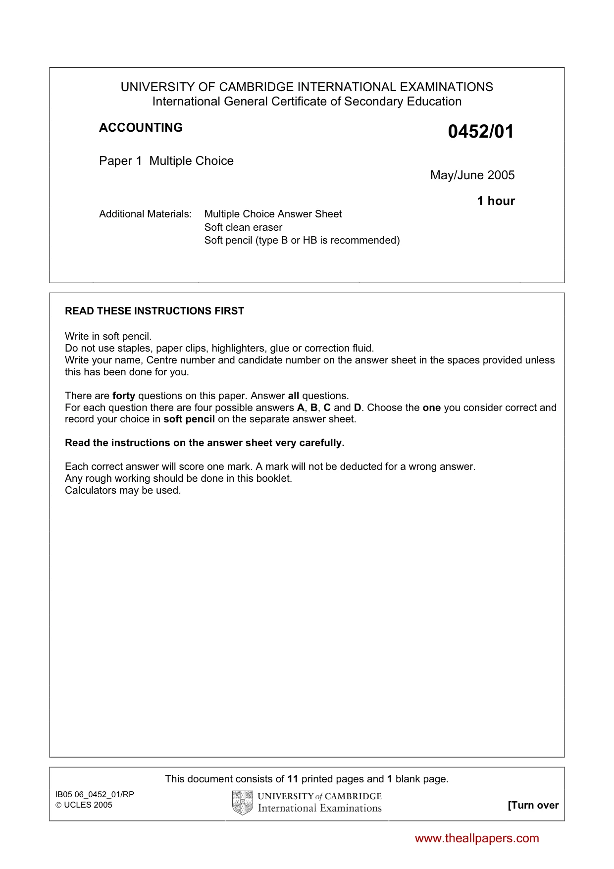 Cambridge IGCSE Accounting 0452 2005 May/June Paper 1 · Variant 1 question paper, page 1 of 12