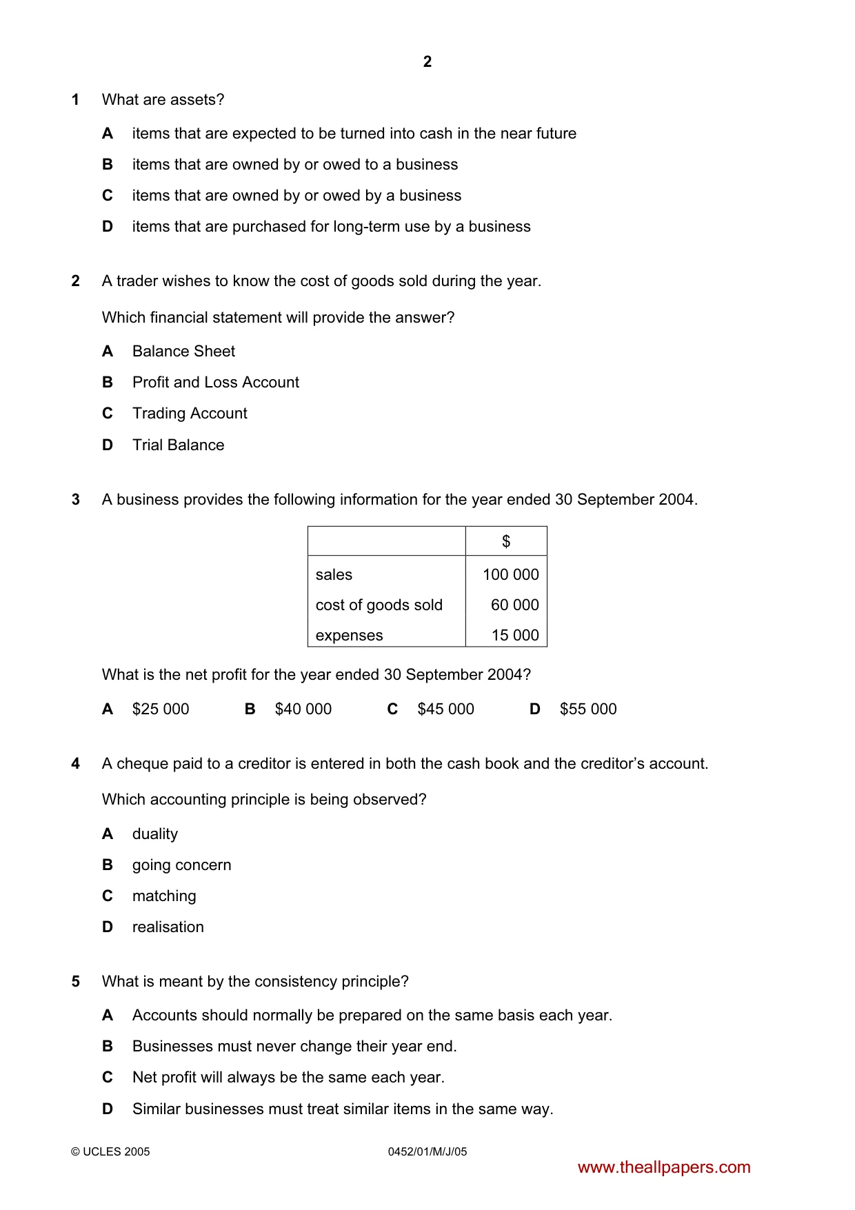 Cambridge IGCSE Accounting 0452 2005 May/June Paper 1 · Variant 1 question paper, page 2 of 12