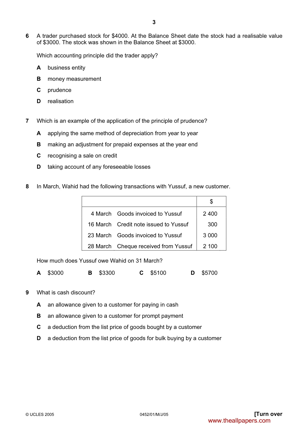 Cambridge IGCSE Accounting 0452 2005 May/June Paper 1 · Variant 1 question paper, page 3 of 12