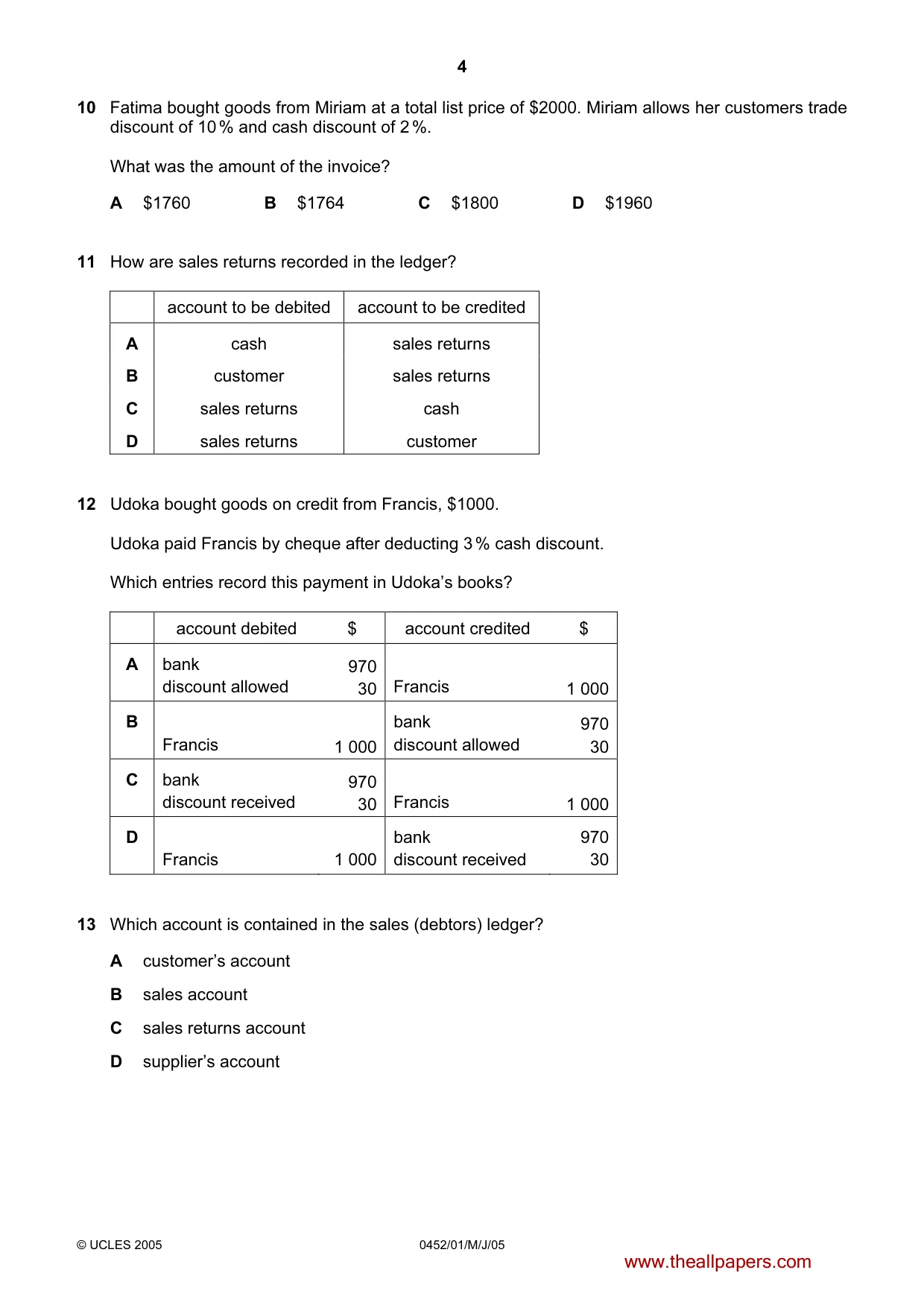 Cambridge IGCSE Accounting 0452 2005 May/June Paper 1 · Variant 1 question paper, page 4 of 12
