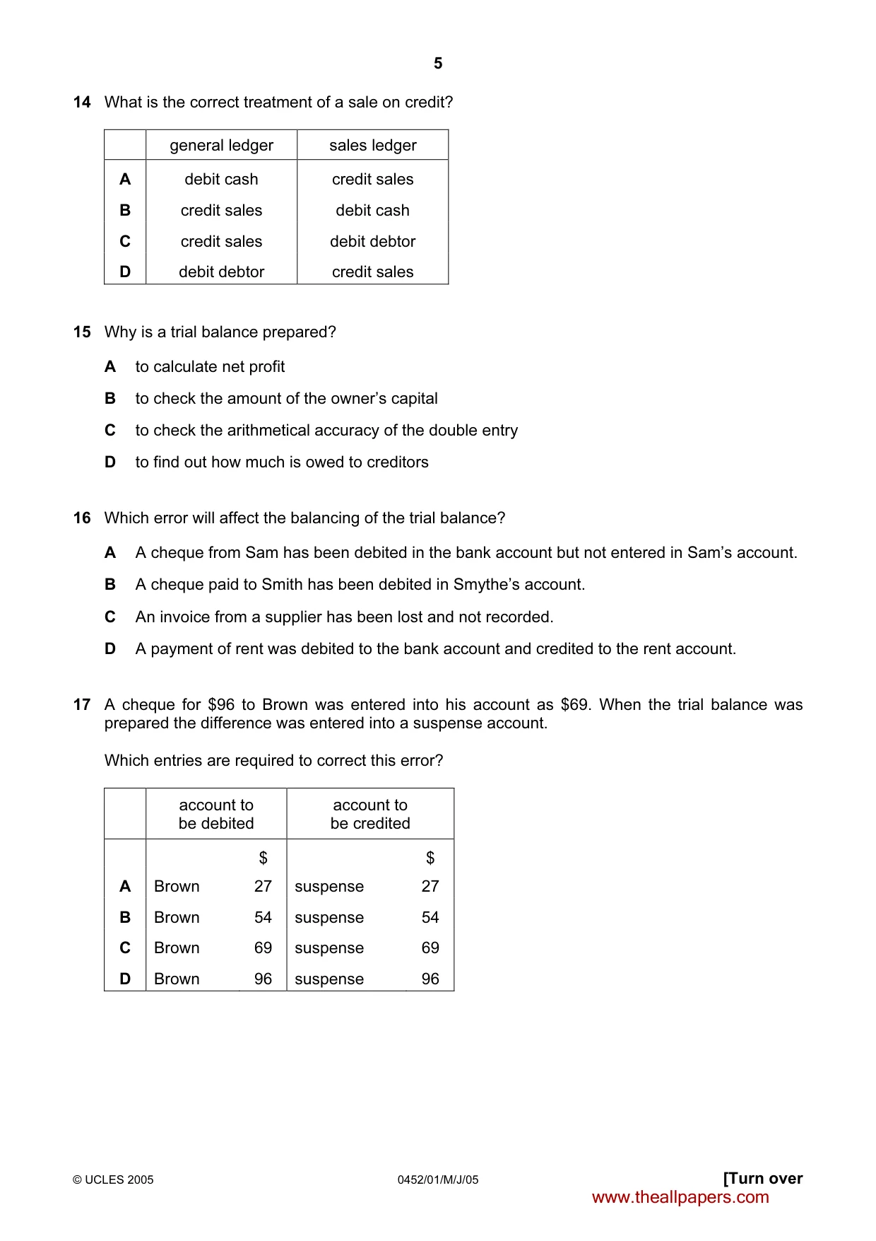 Cambridge IGCSE Accounting 0452 2005 May/June Paper 1 · Variant 1 question paper, page 5 of 12