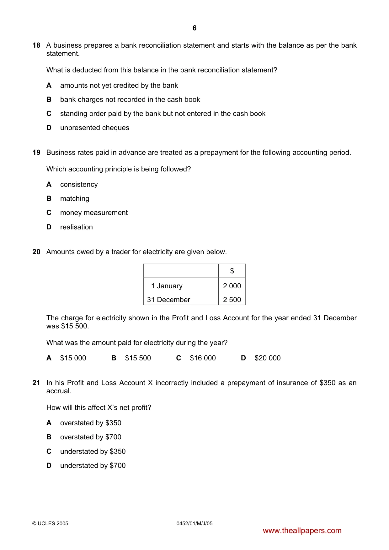 Cambridge IGCSE Accounting 0452 2005 May/June Paper 1 · Variant 1 question paper, page 6 of 12