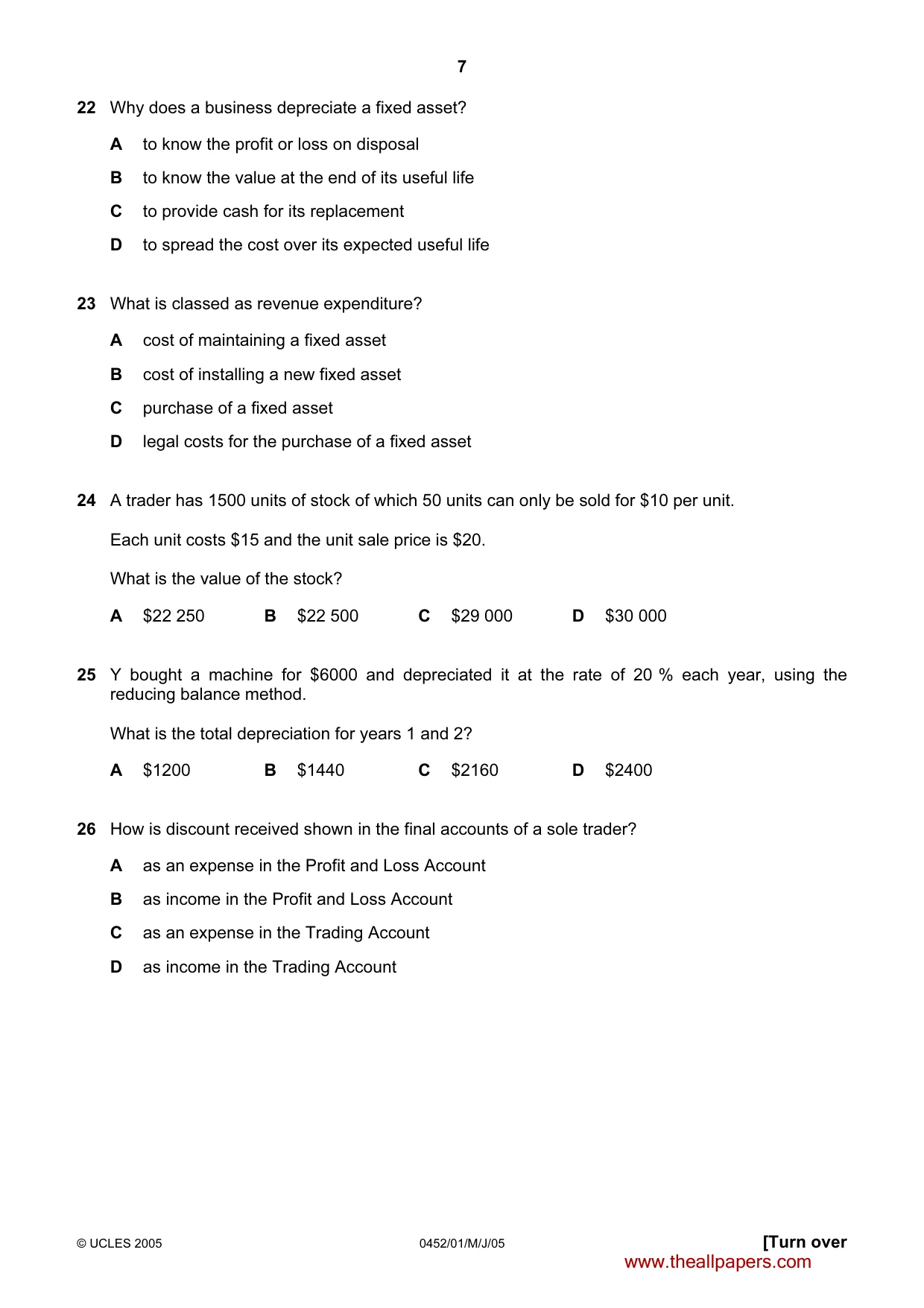 Cambridge IGCSE Accounting 0452 2005 May/June Paper 1 · Variant 1 question paper, page 7 of 12