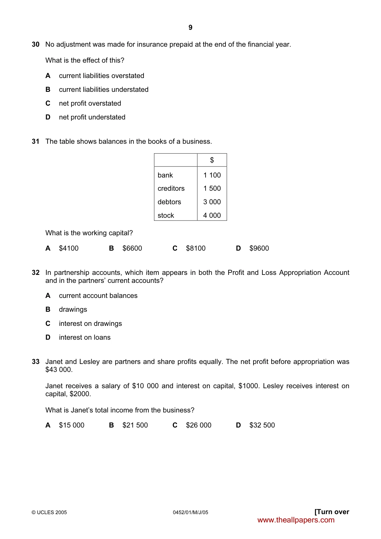 Cambridge IGCSE Accounting 0452 2005 May/June Paper 1 · Variant 1 question paper, page 9 of 12