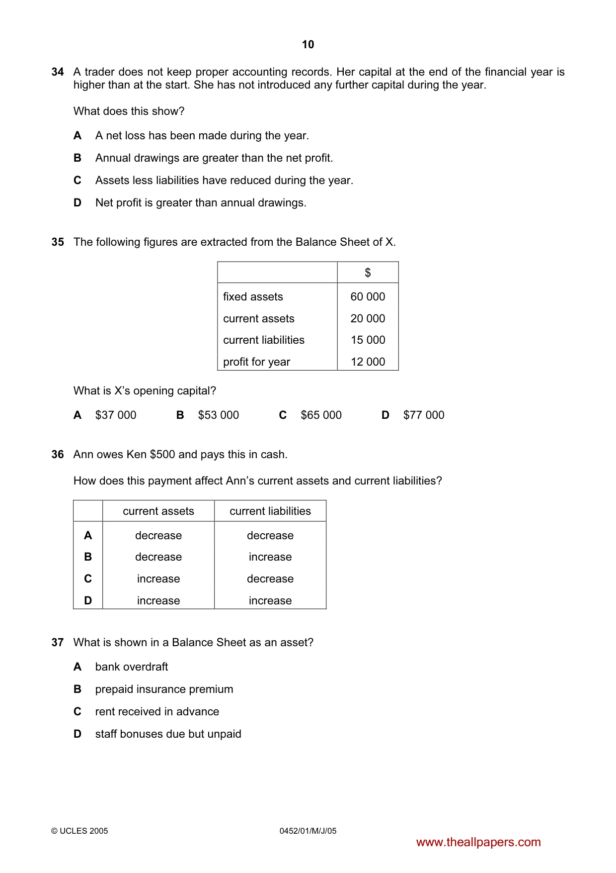 Cambridge IGCSE Accounting 0452 2005 May/June Paper 1 · Variant 1 question paper, page 10 of 12