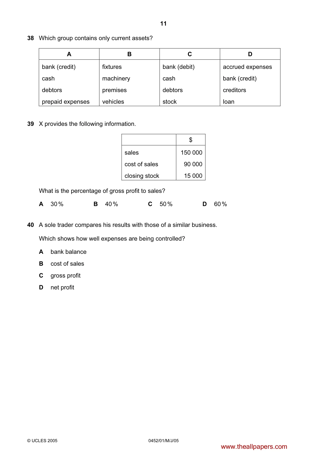 Cambridge IGCSE Accounting 0452 2005 May/June Paper 1 · Variant 1 question paper, page 11 of 12