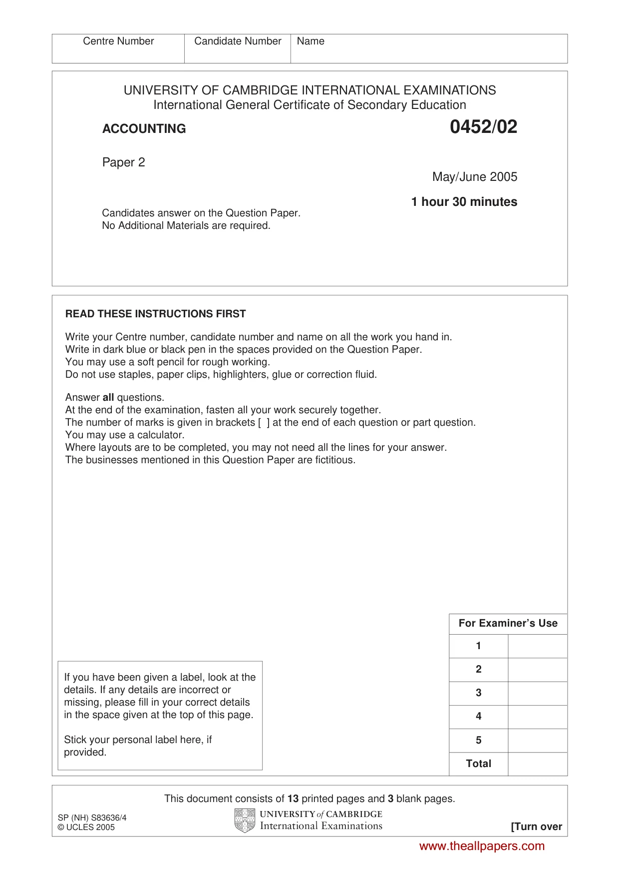 Cambridge IGCSE Accounting 0452 2005 May/June Paper 2 · Variant 1 question paper, page 1 of 16