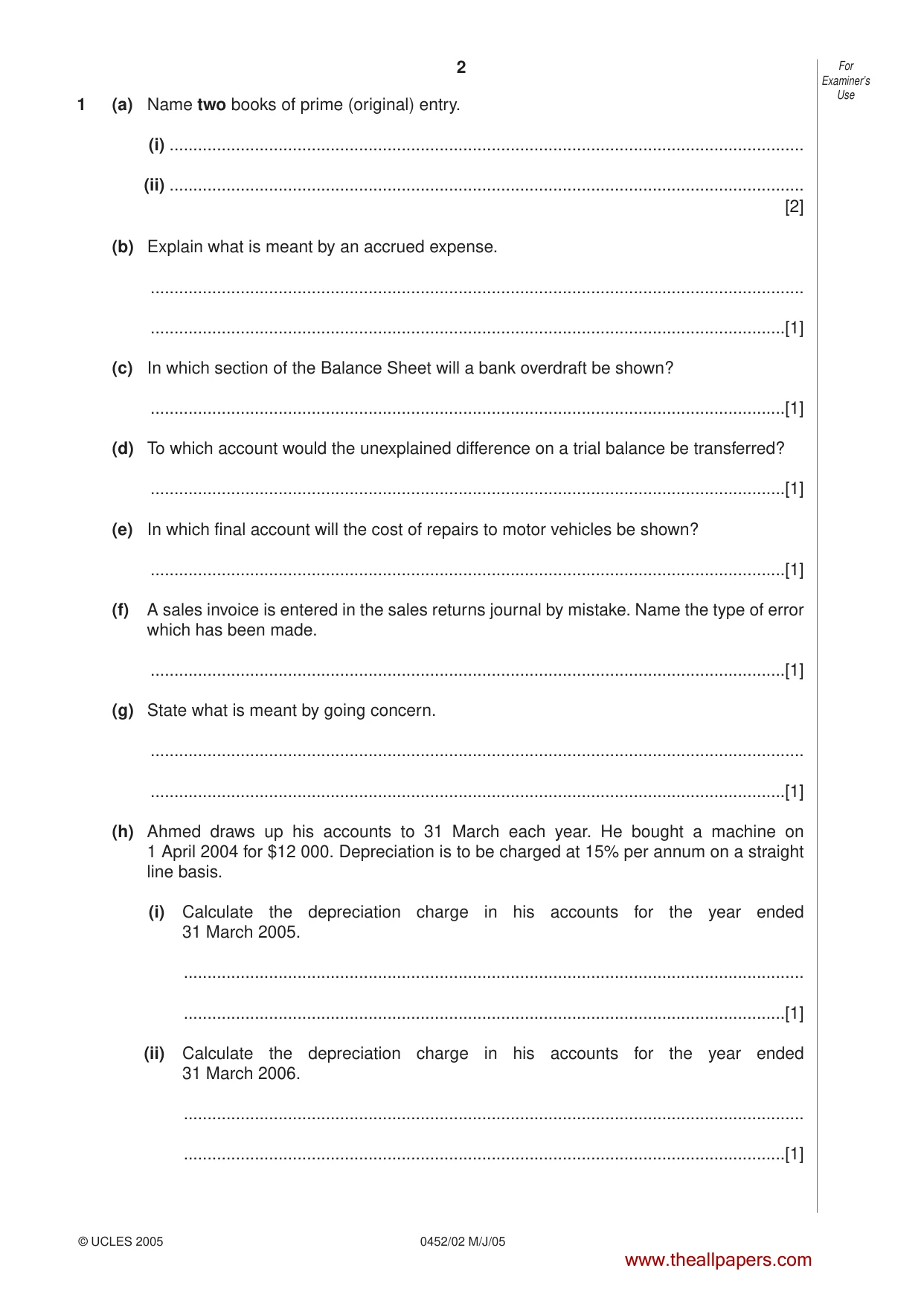 Cambridge IGCSE Accounting 0452 2005 May/June Paper 2 · Variant 1 question paper, page 2 of 16