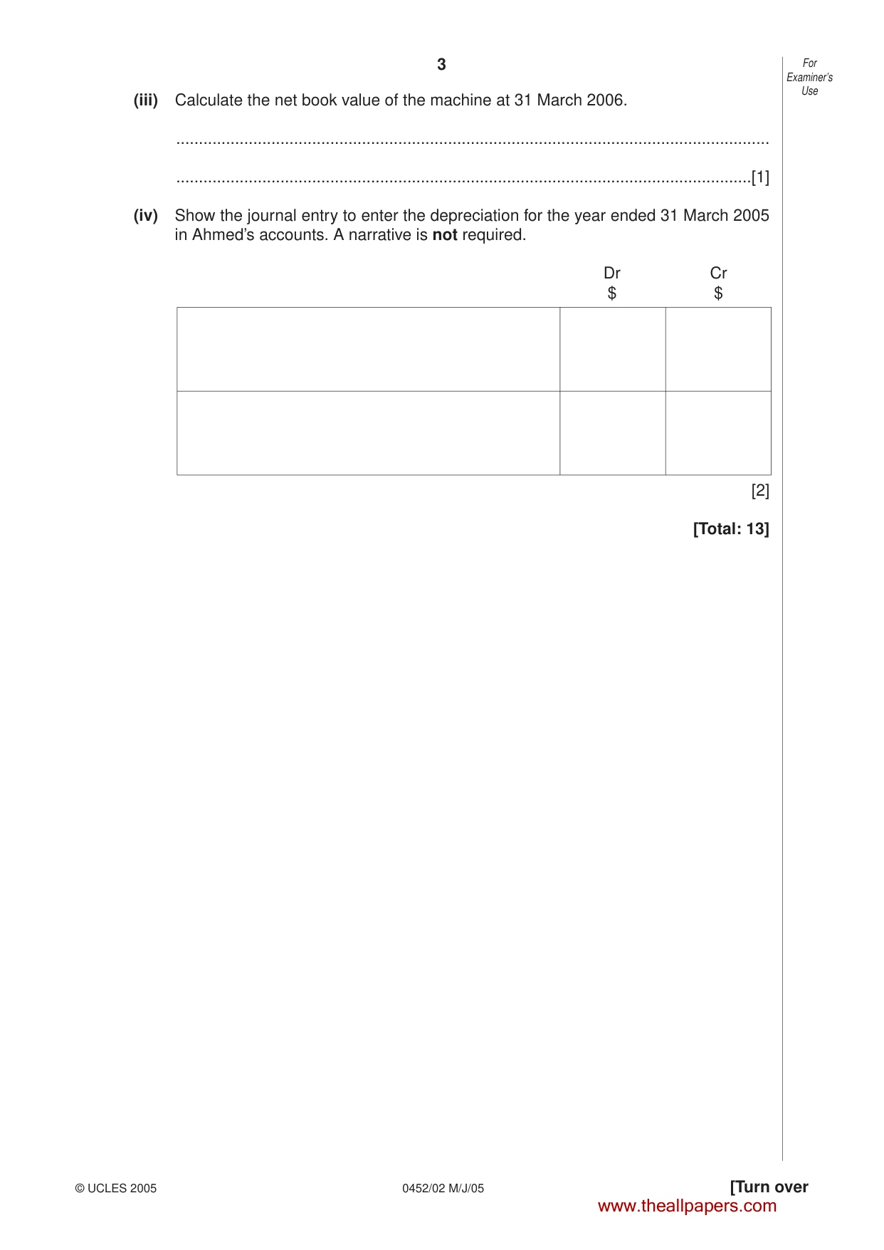 Cambridge IGCSE Accounting 0452 2005 May/June Paper 2 · Variant 1 question paper, page 3 of 16