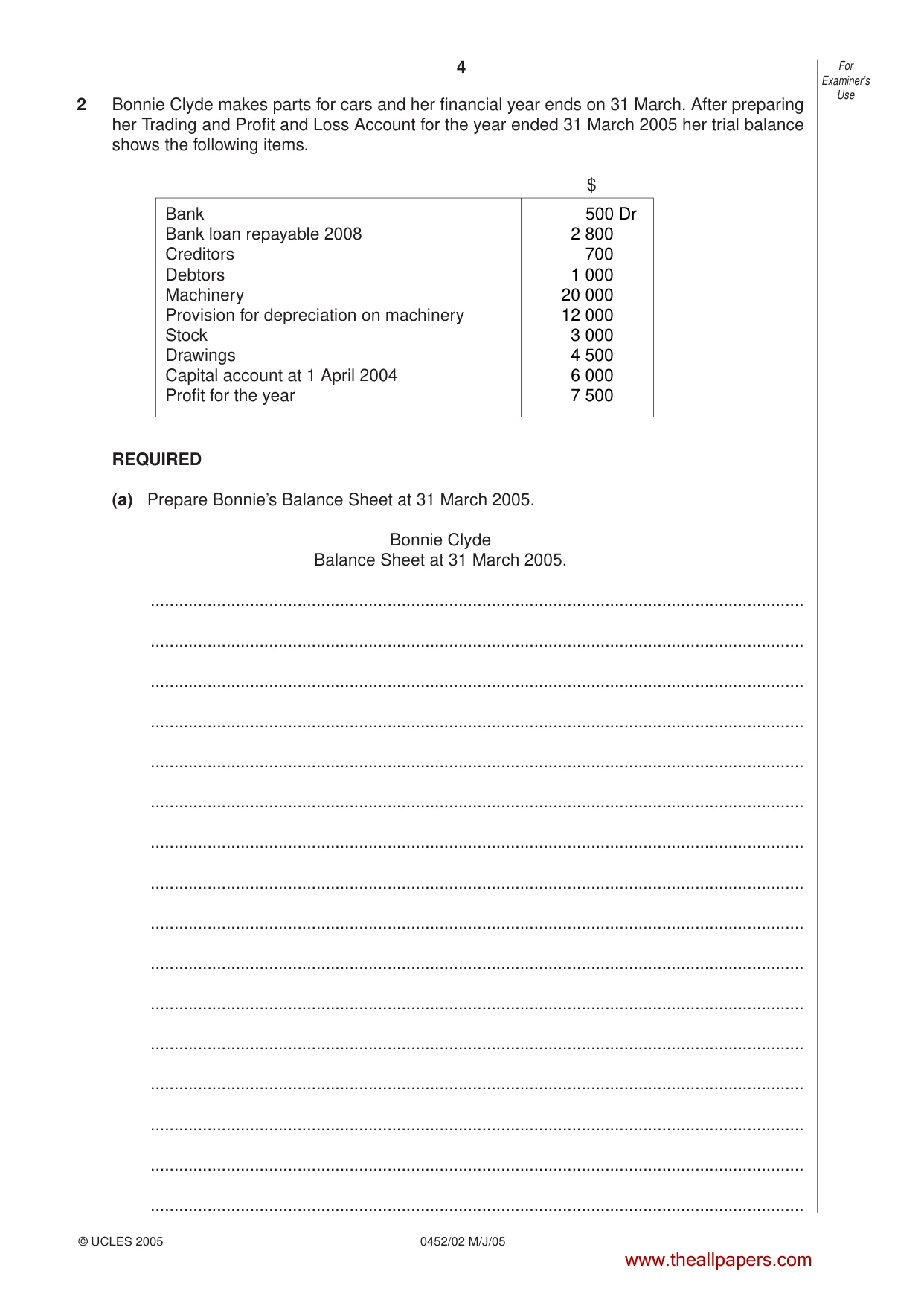 Cambridge IGCSE Accounting 0452 2005 May/June Paper 2 · Variant 1 question paper, page 4 of 16