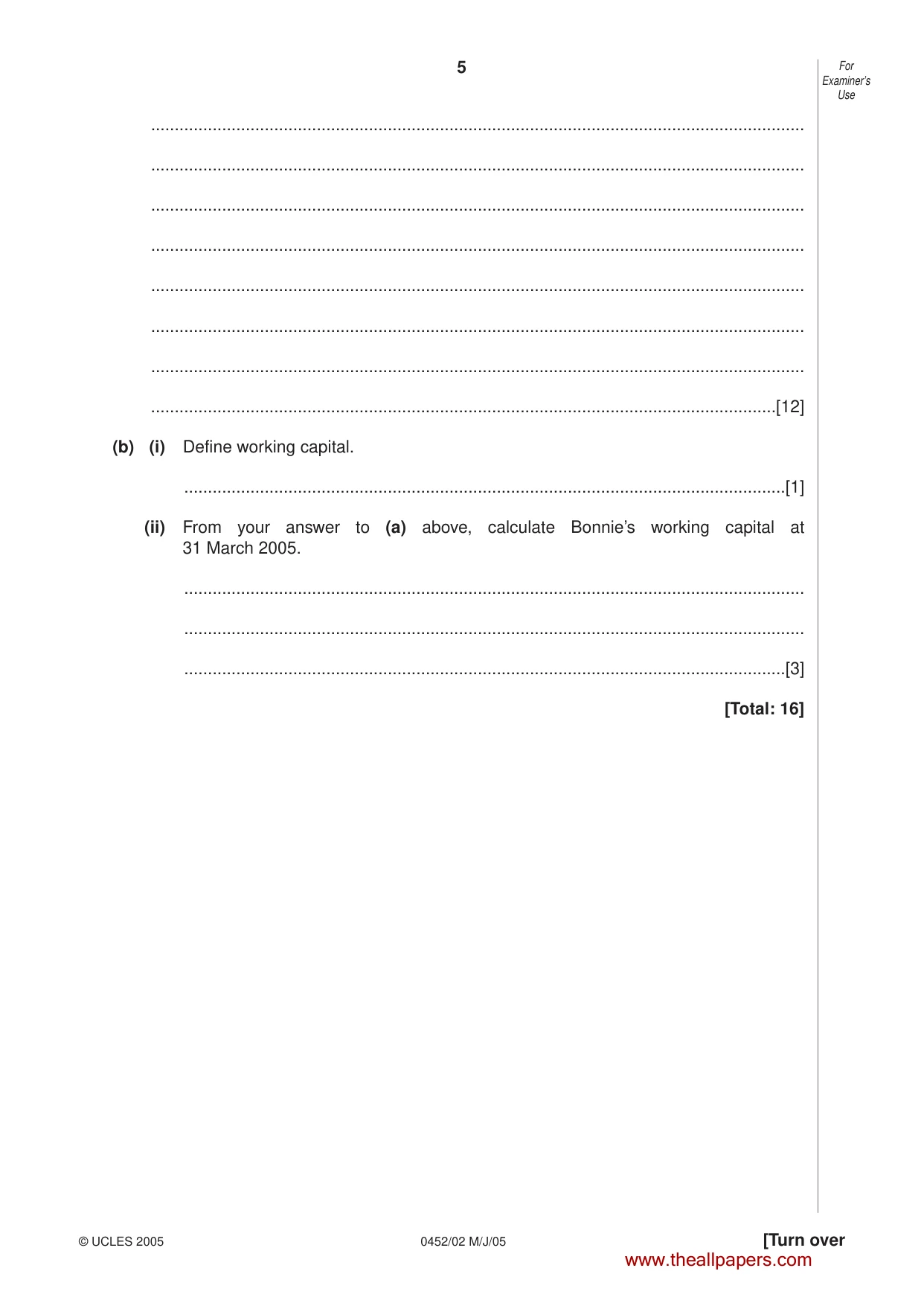 Cambridge IGCSE Accounting 0452 2005 May/June Paper 2 · Variant 1 question paper, page 5 of 16