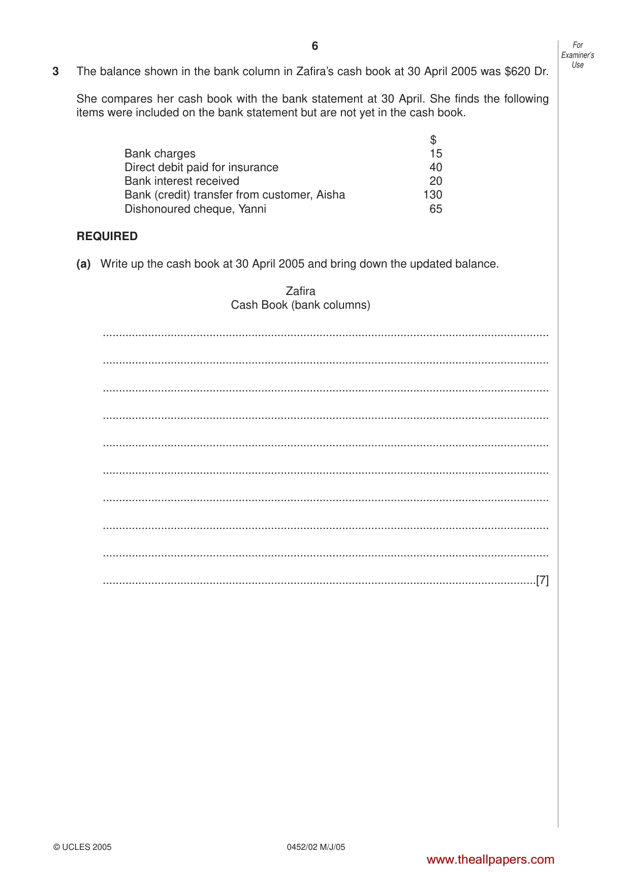 Cambridge IGCSE Accounting 0452 2005 May/June Paper 2 · Variant 1 question paper, page 6 of 16