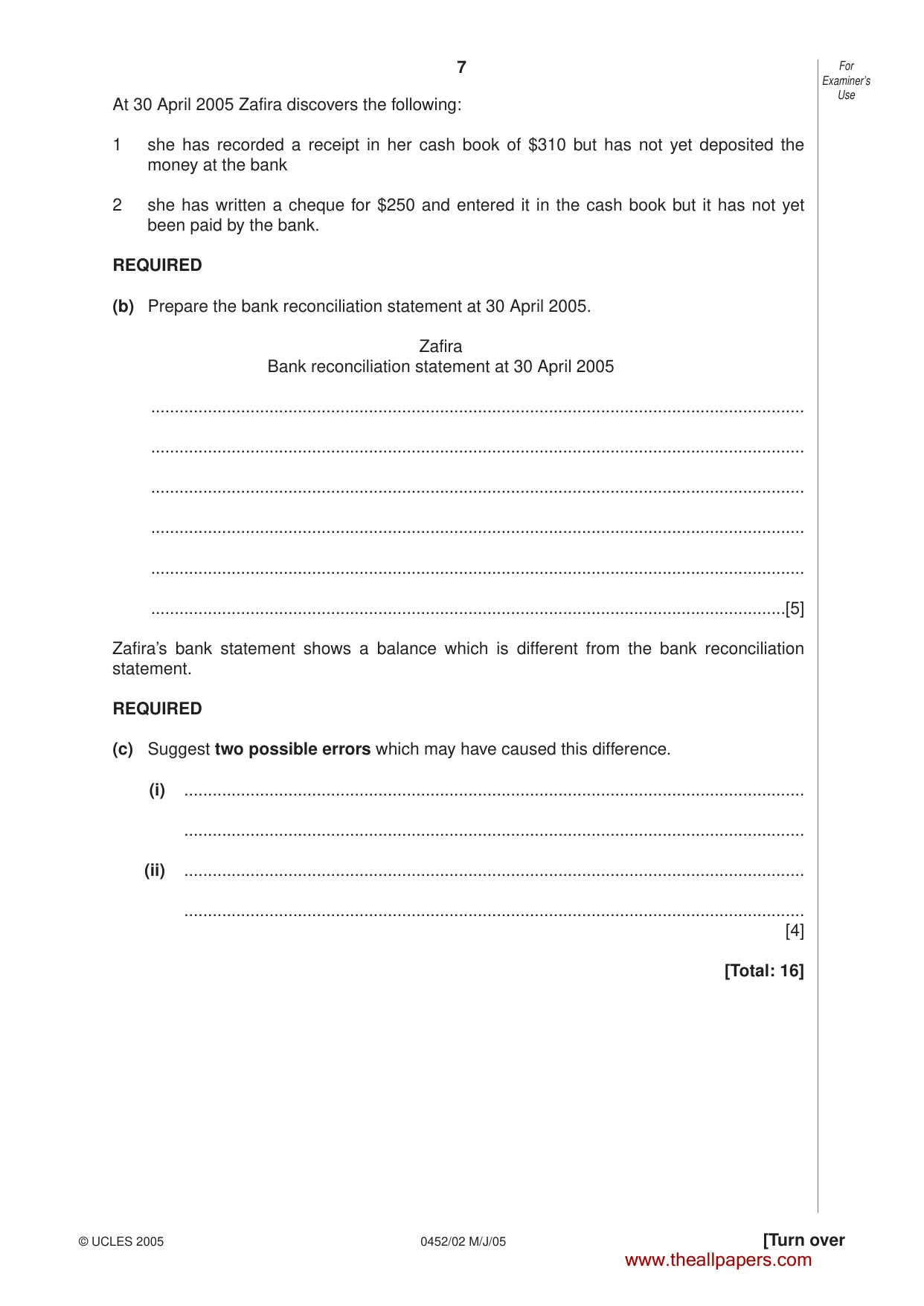 Cambridge IGCSE Accounting 0452 2005 May/June Paper 2 · Variant 1 question paper, page 7 of 16