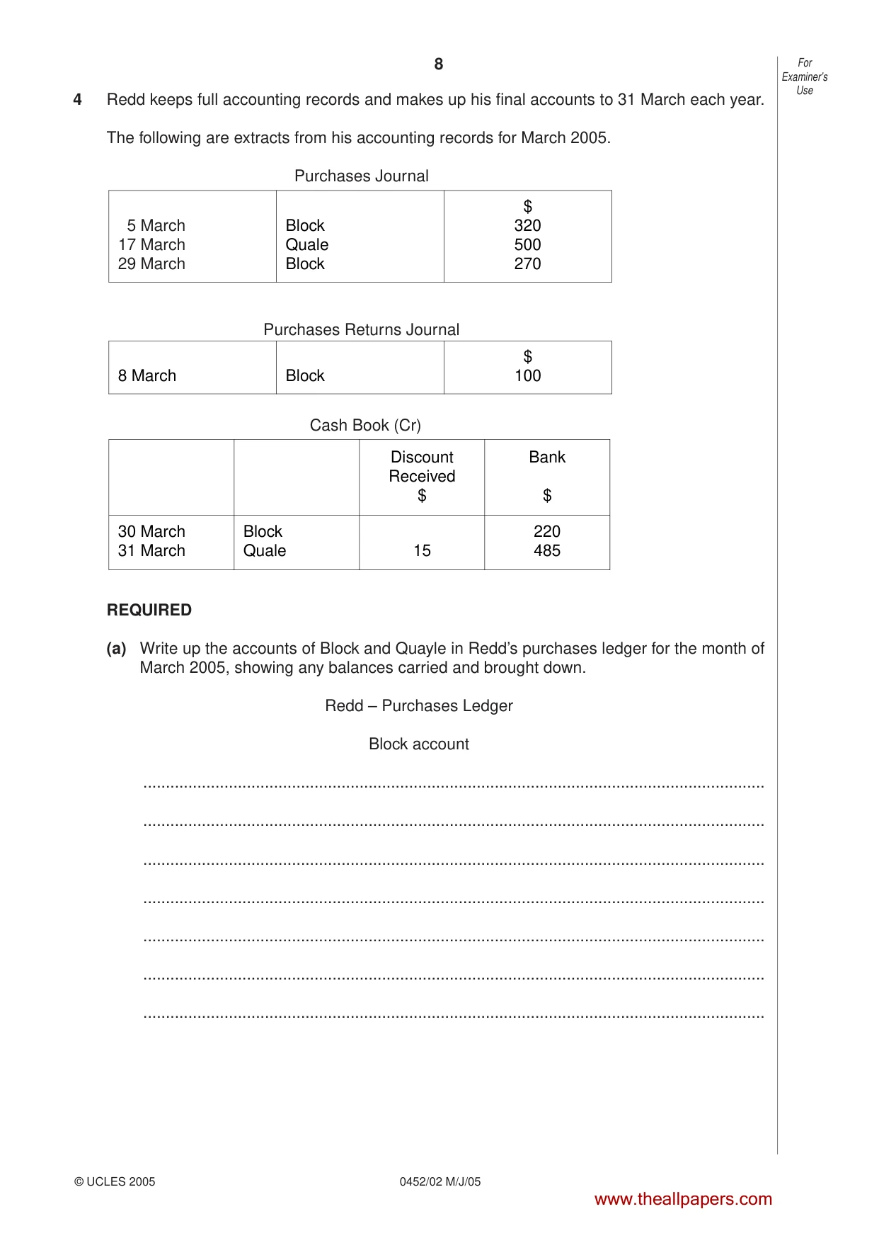Cambridge IGCSE Accounting 0452 2005 May/June Paper 2 · Variant 1 question paper, page 8 of 16
