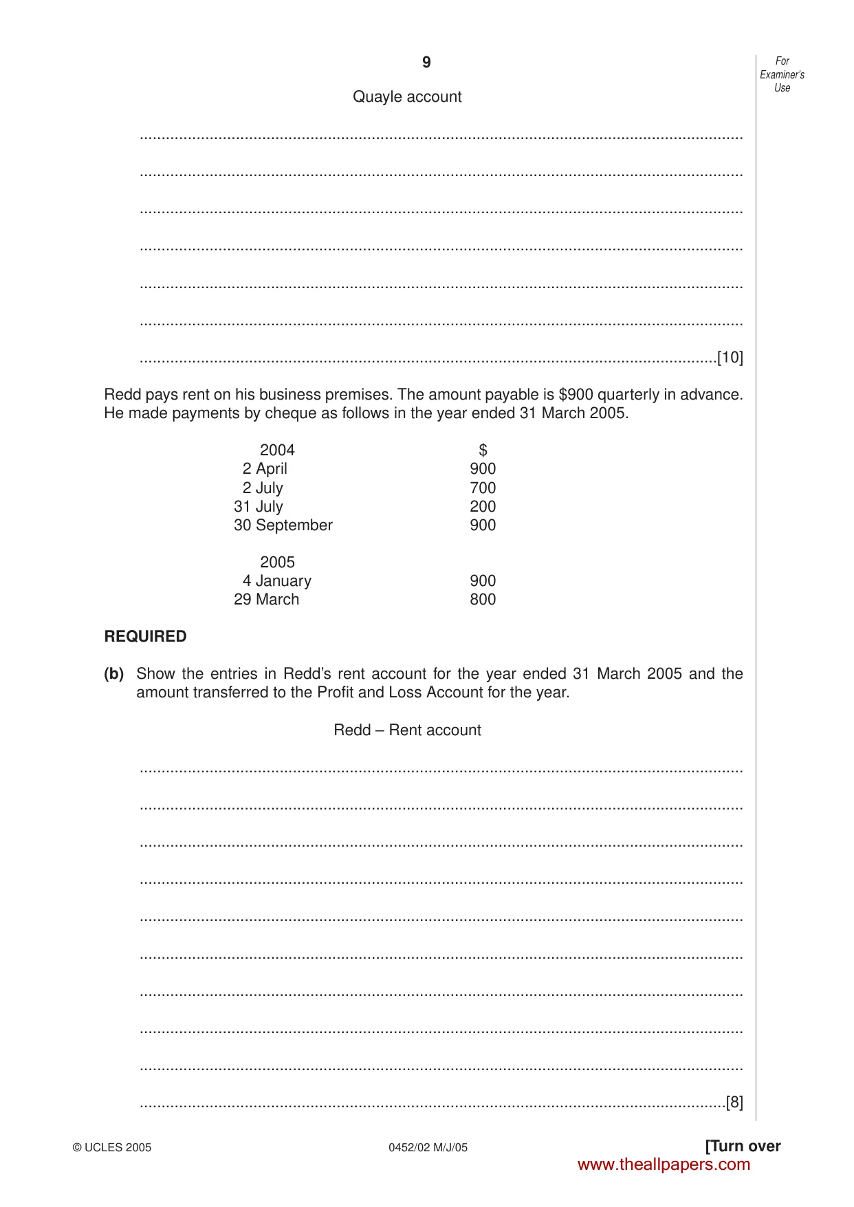 Cambridge IGCSE Accounting 0452 2005 May/June Paper 2 · Variant 1 question paper, page 9 of 16