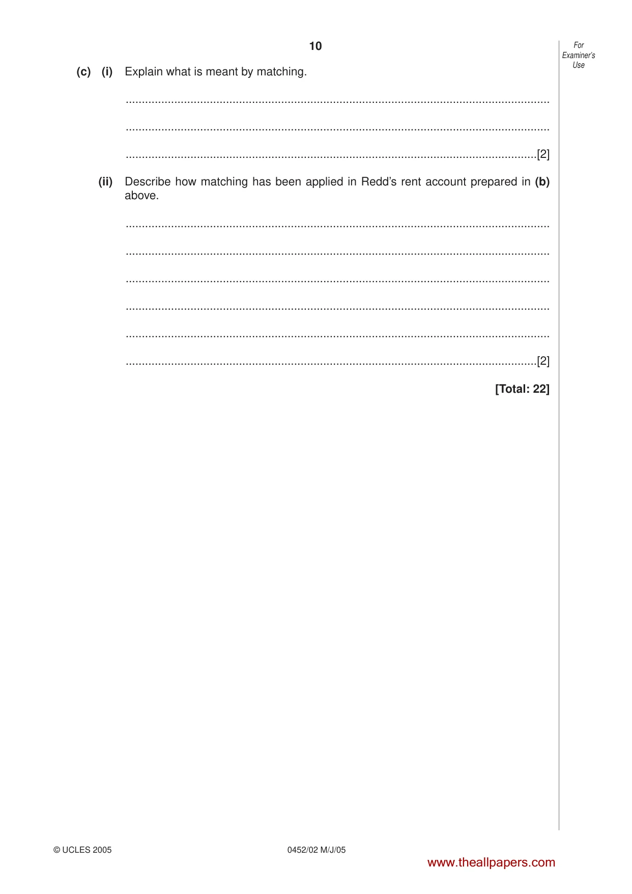 Cambridge IGCSE Accounting 0452 2005 May/June Paper 2 · Variant 1 question paper, page 10 of 16