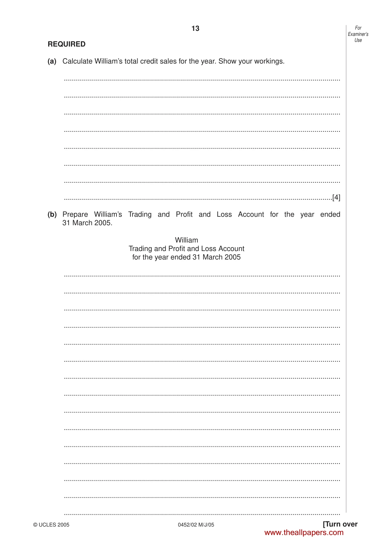 Cambridge IGCSE Accounting 0452 2005 May/June Paper 2 · Variant 1 question paper, page 13 of 16